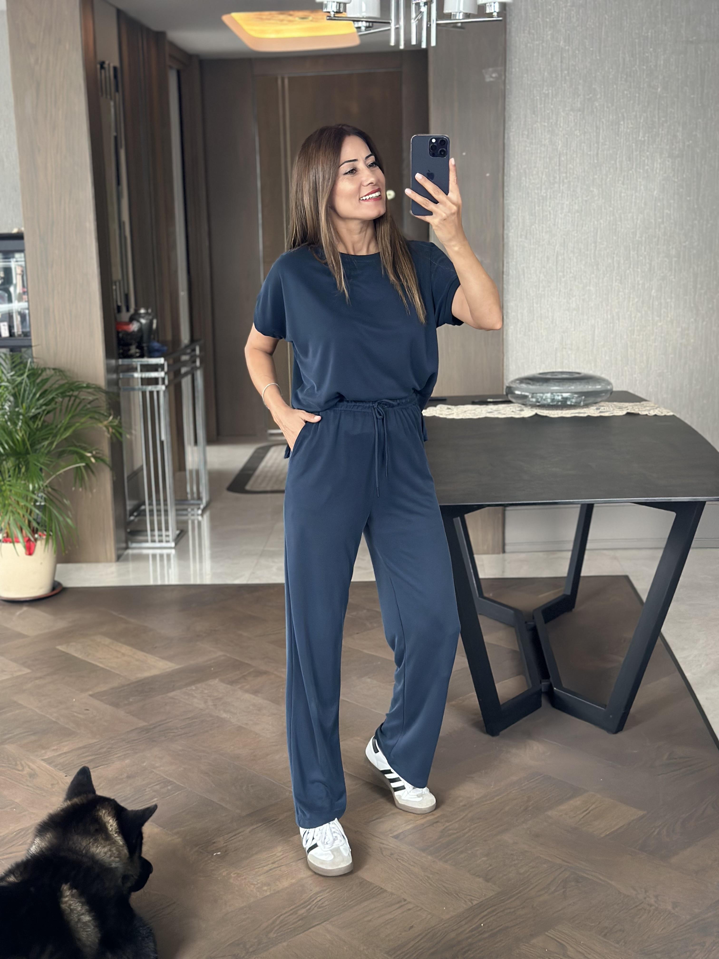 İndigo Modal Bisiklet Yaka T-Shirt Pantolon Kadın Alt Üst Takım