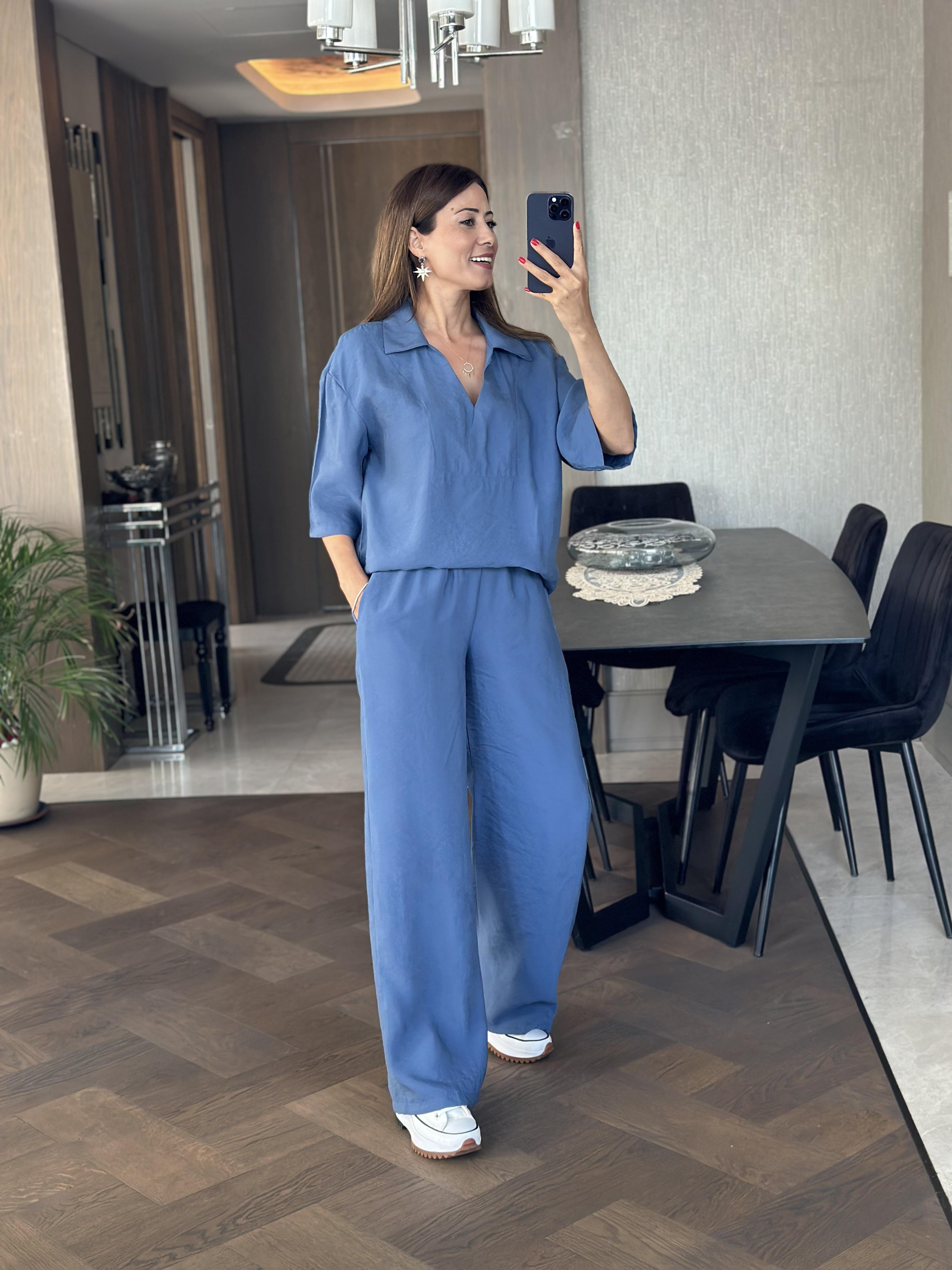 İndigo Oversize Kısa Kol Gömlek Yaka Tnsel İkili Kadın İkili Takım