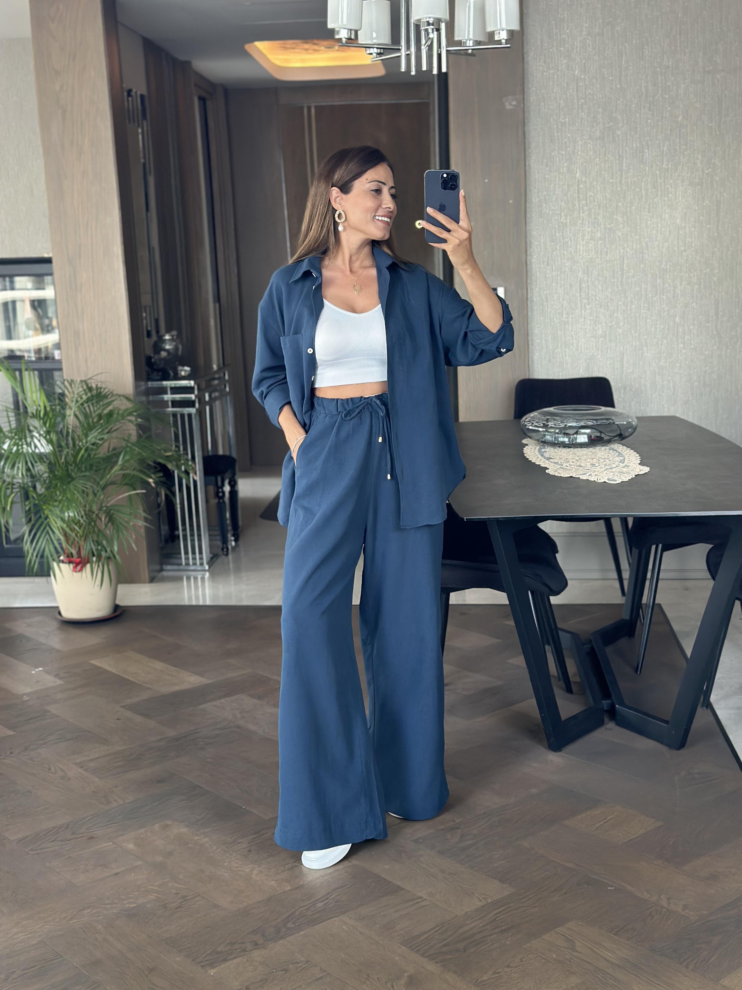 İndigo Oysh Model Gömlek Palazzo Pantolon Keten Kadın Alt Üst Takım