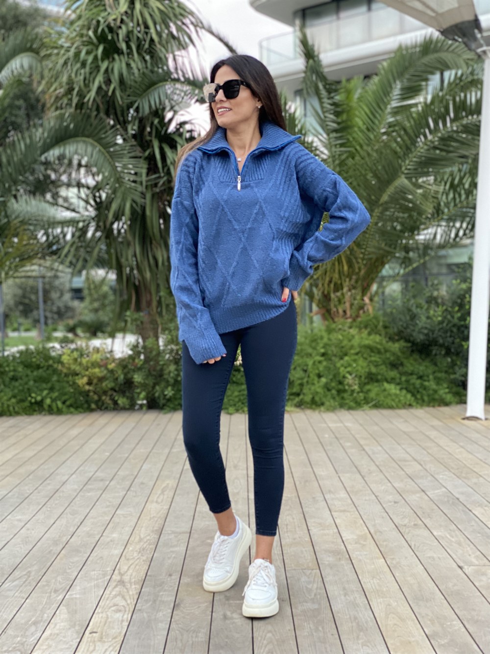 İndigo Yarım Fermuarlı Dokulu Triko Kadın Kazak