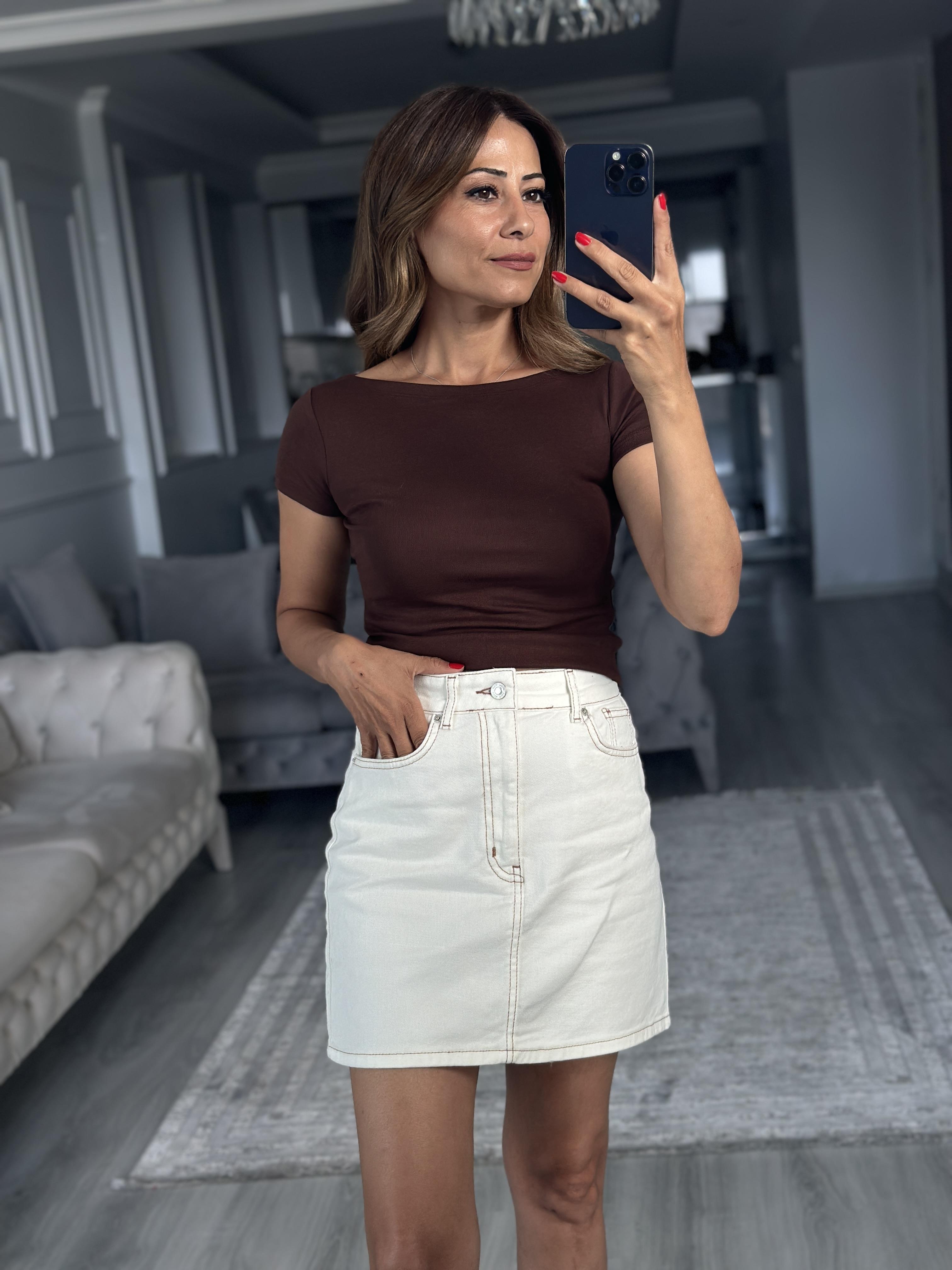 Kahverengi Kayık Yaka Modal Kısa Kol Kadın Body