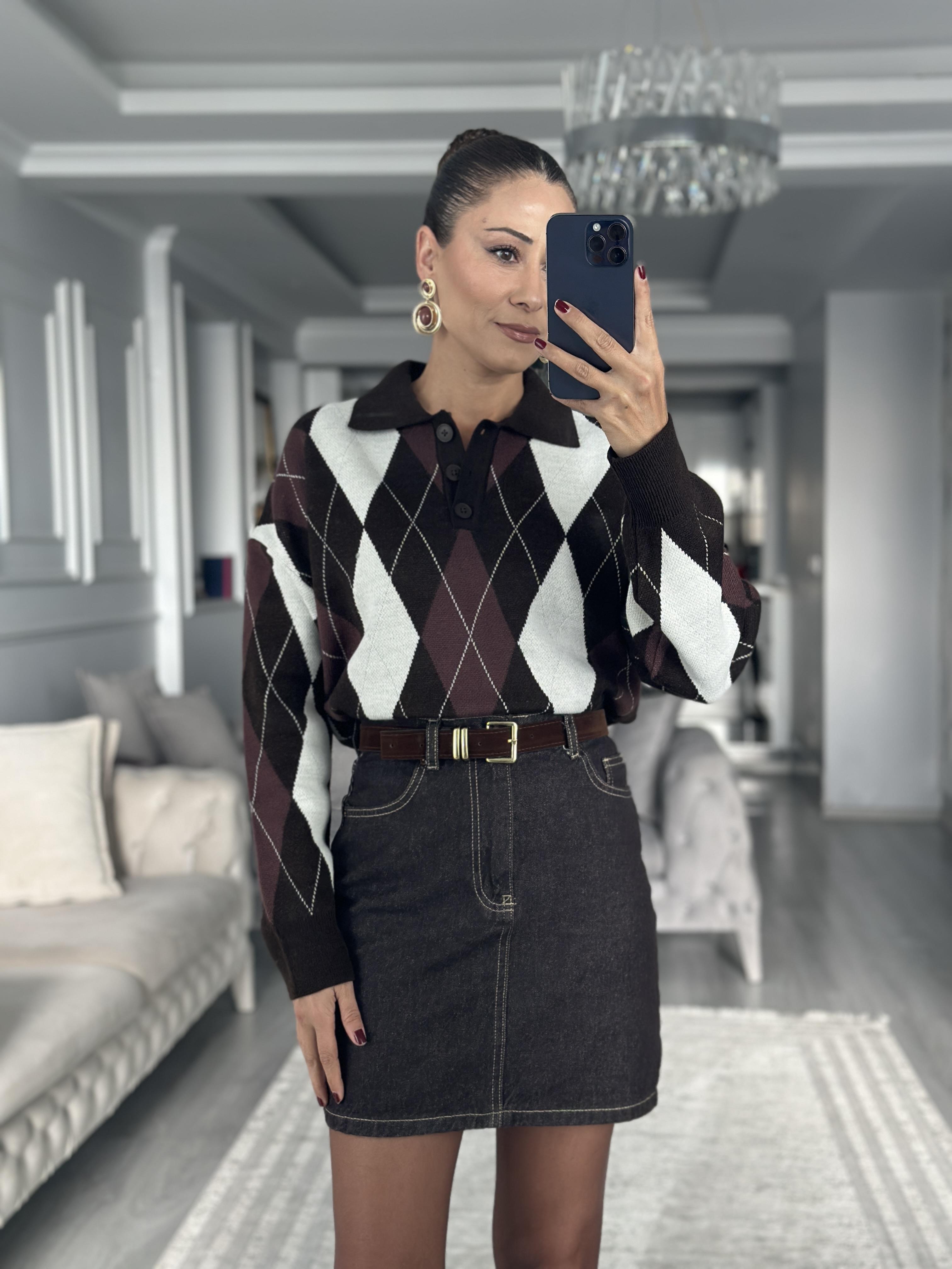 Kahverengi Kemerli Cepli Kadın Mini Jean Etek