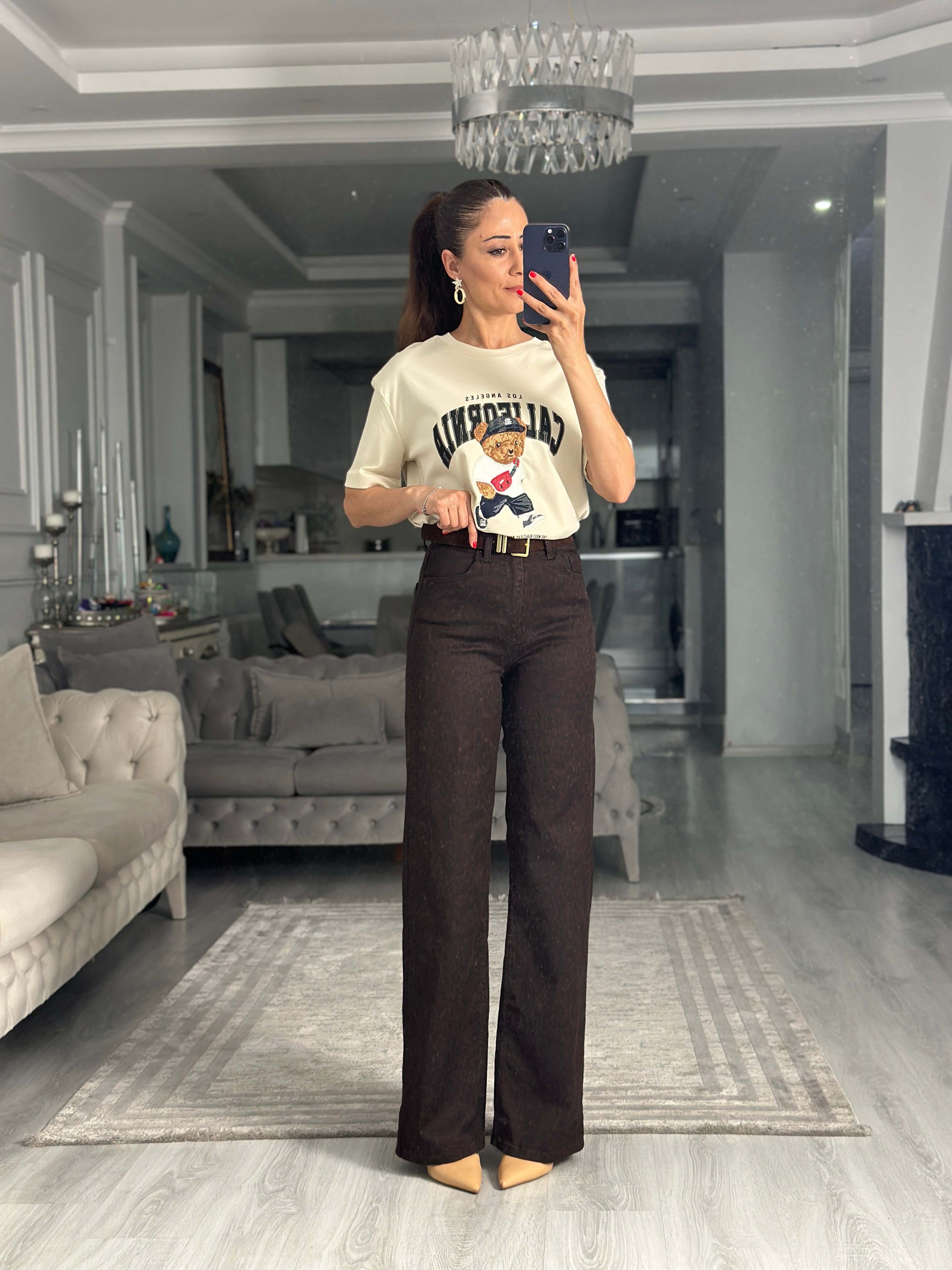 Kahverengi Leopar Desen Wide Leg Kadın Jean Pantolon