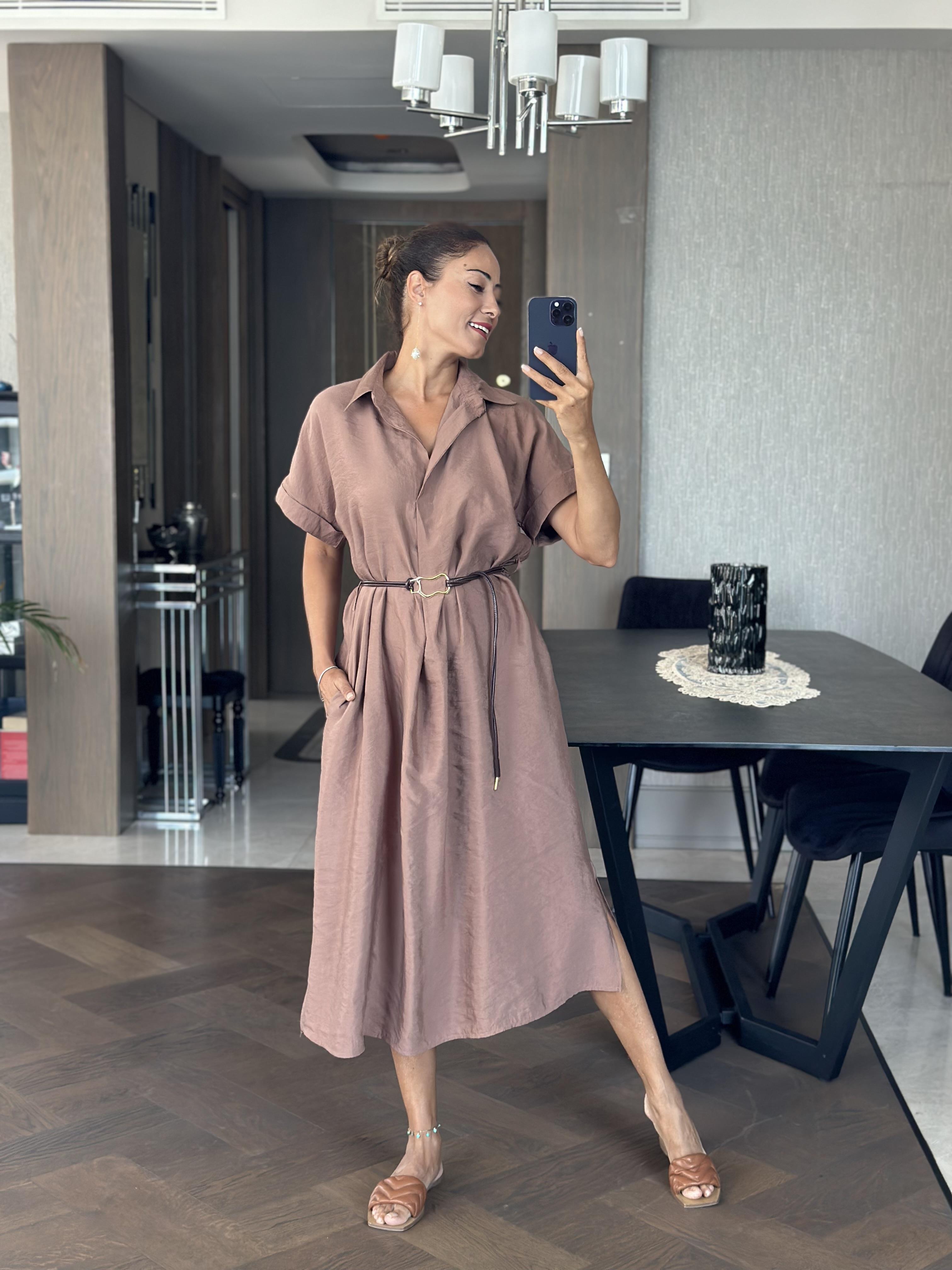 Kahverengi Masimo Gömlek Yaka Çift Yırtmaçlı Midi Boy Tnsel Kadın Gömlek Elbise 