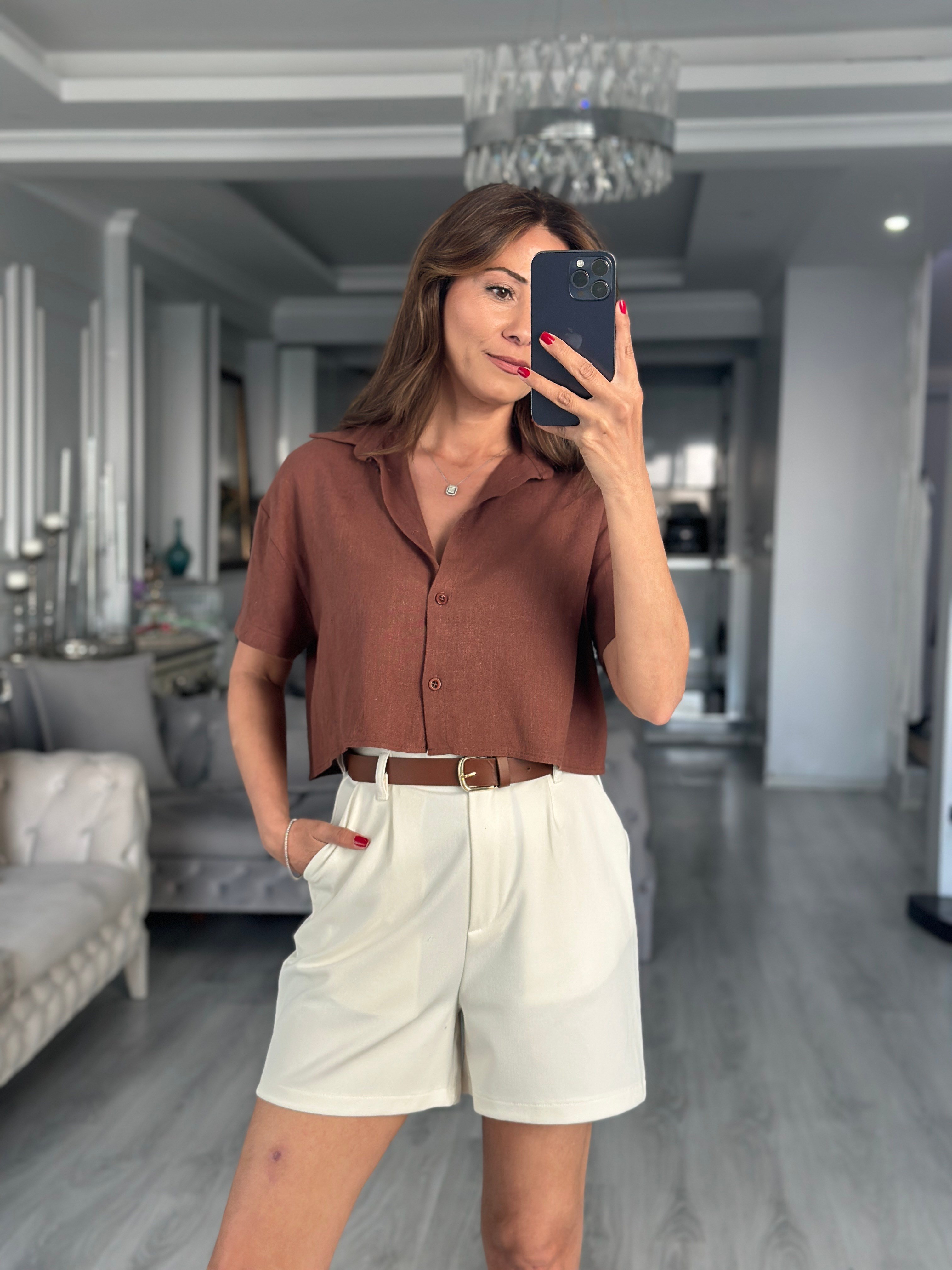 Kahverengi Mass Model Keten Kadın Crop Gömlek