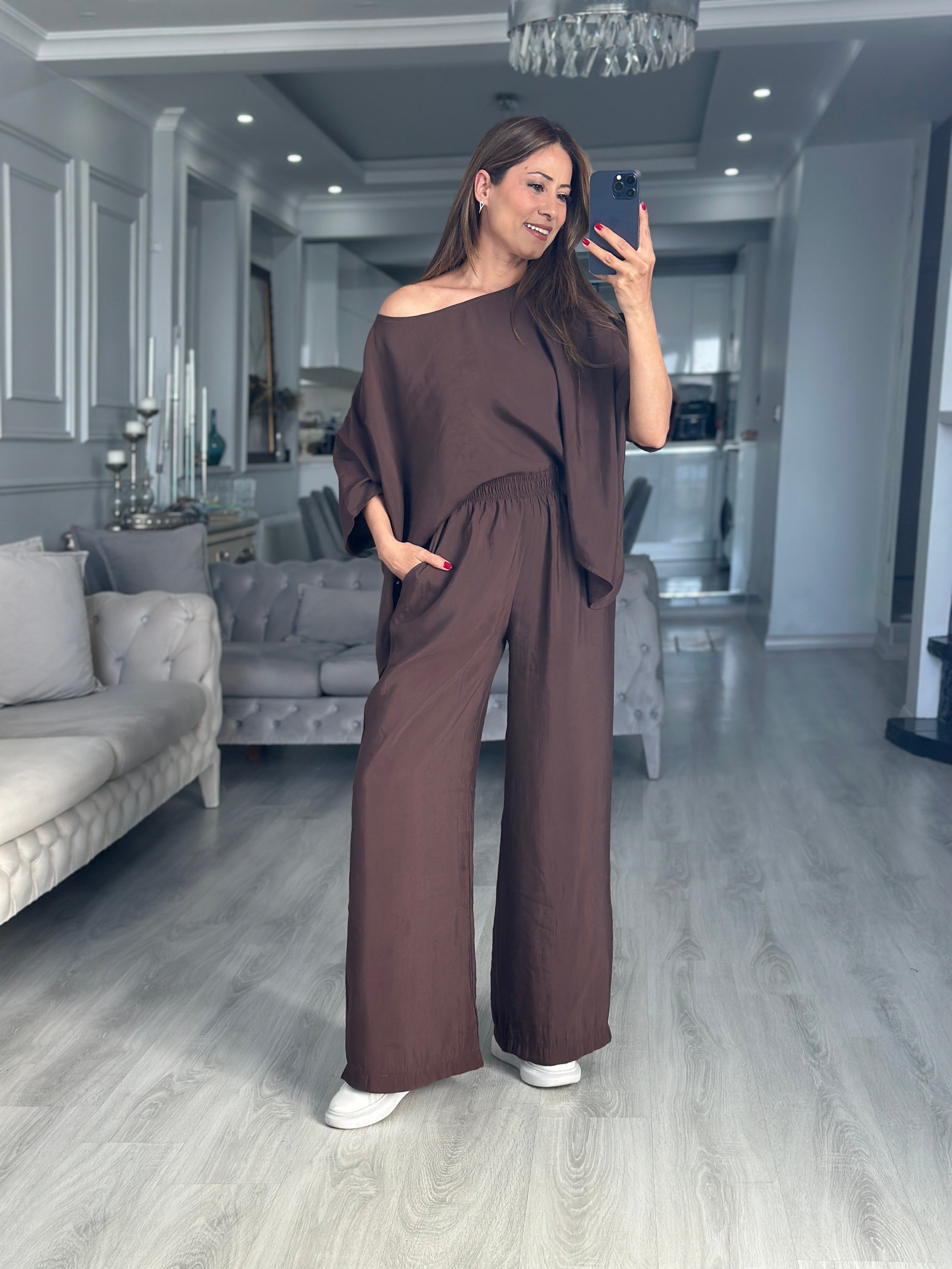 Kahverengi Pelerin Bluz Pantolon Kadın İkili Takım