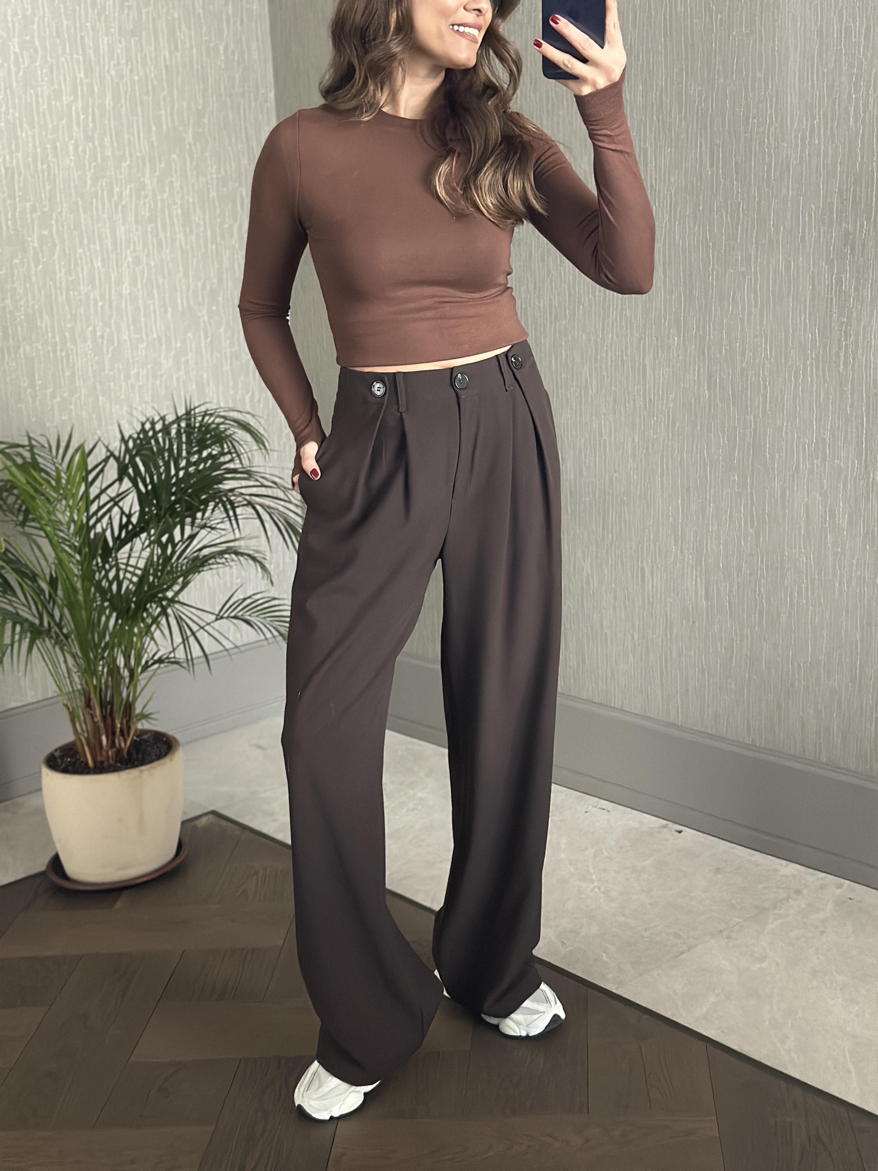 Kahverengi Pilesi Düğme Detay Cepli Palazzo Kadın Kumaş Pantolon