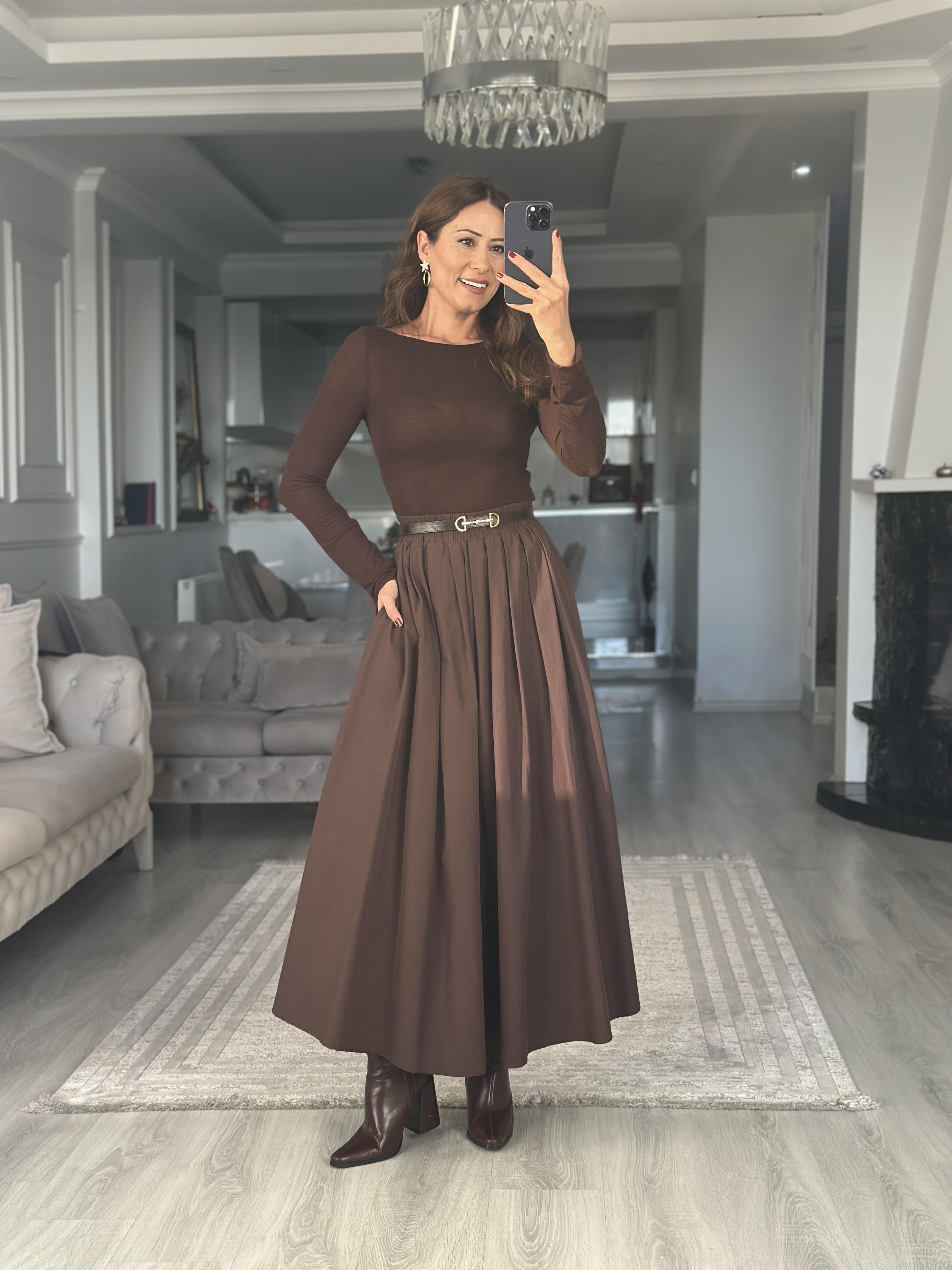 Kahverengi Poplin Kumaş Cepli Midi Boy Kadın Etek