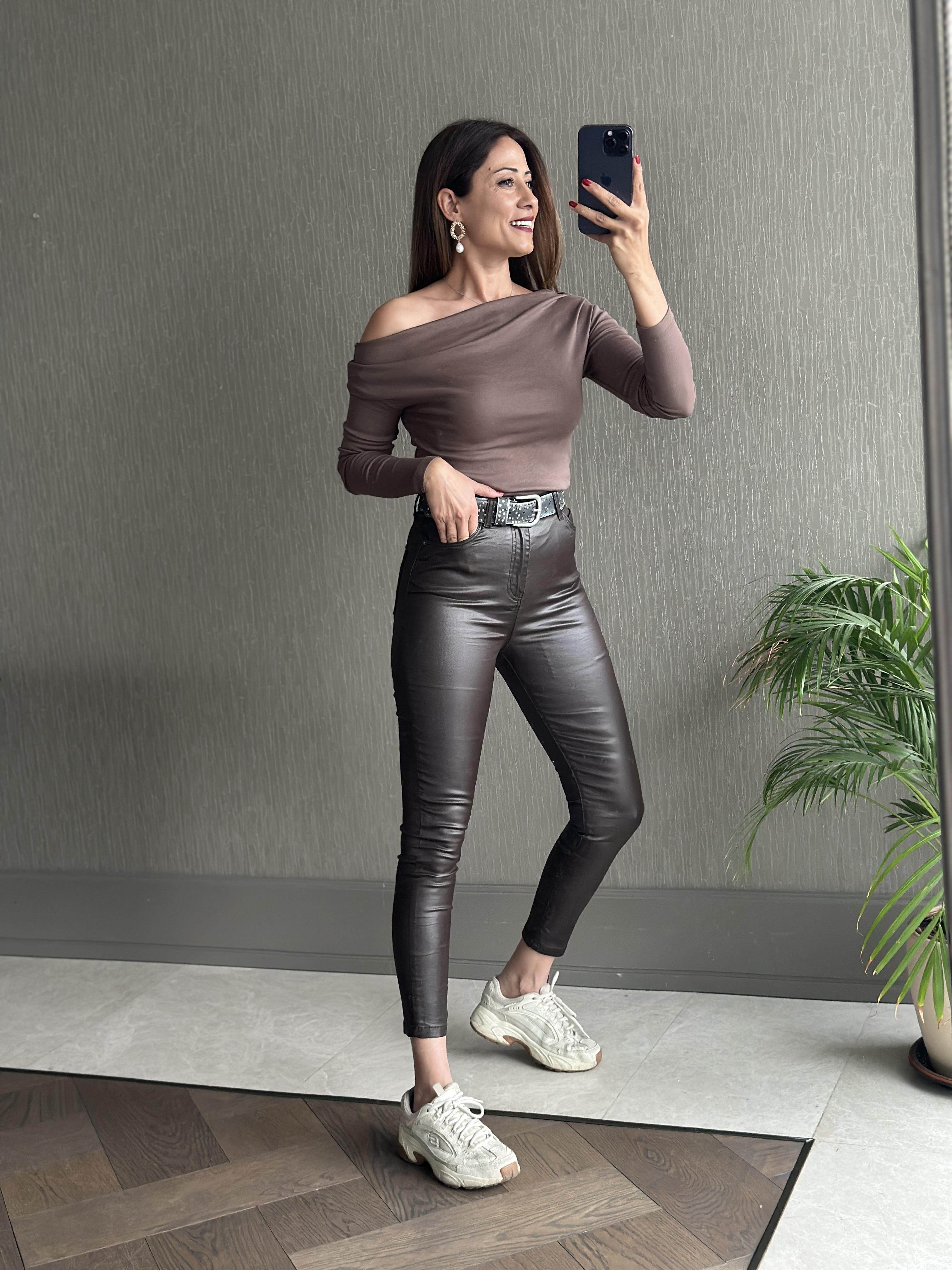 Kahverengi Samyeli Mum Kaplamalı Skinny Kadın Jean Pantolon