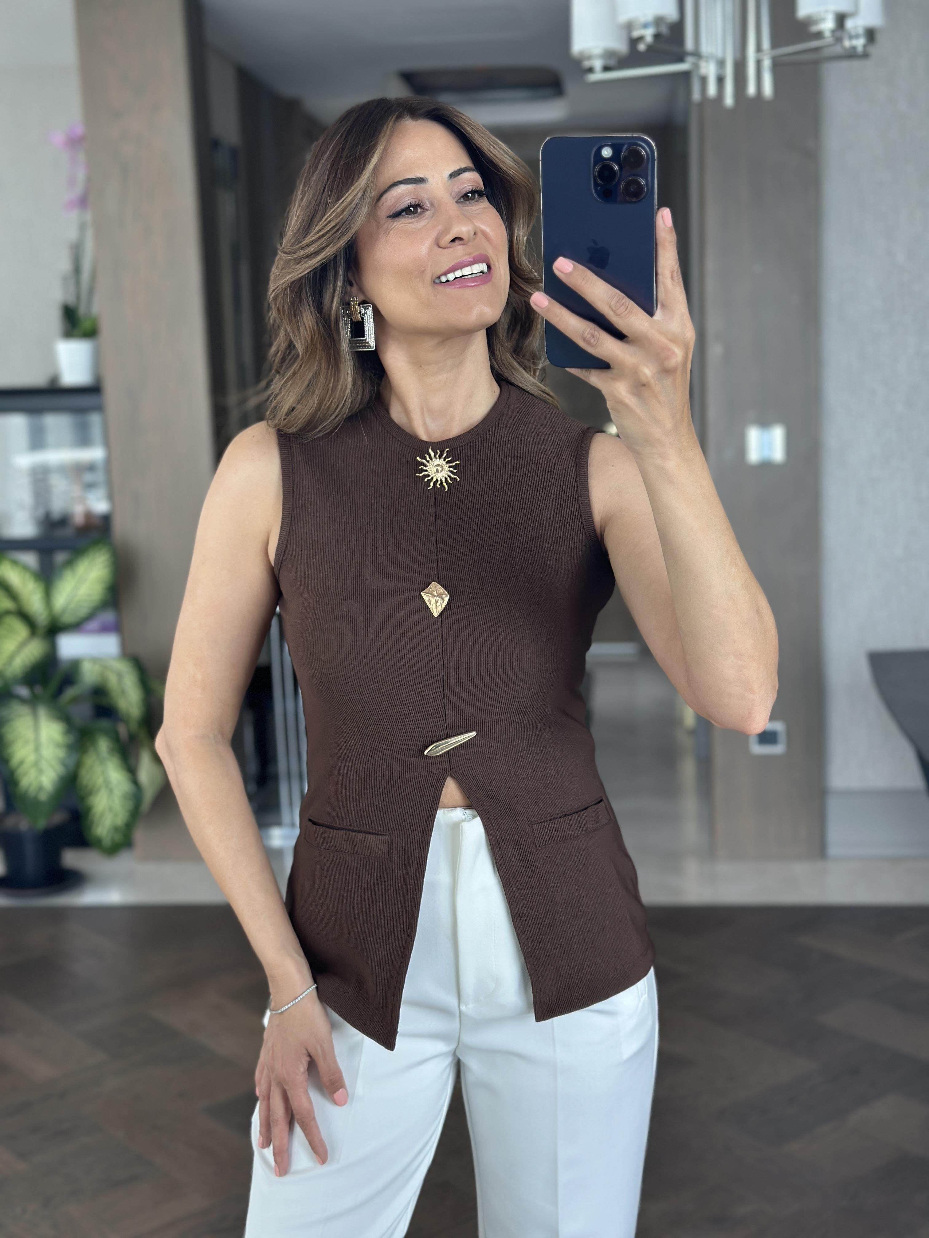 Kahverengi Sıfır Kol Güneş Serisi Ottoman Kadın Bluz