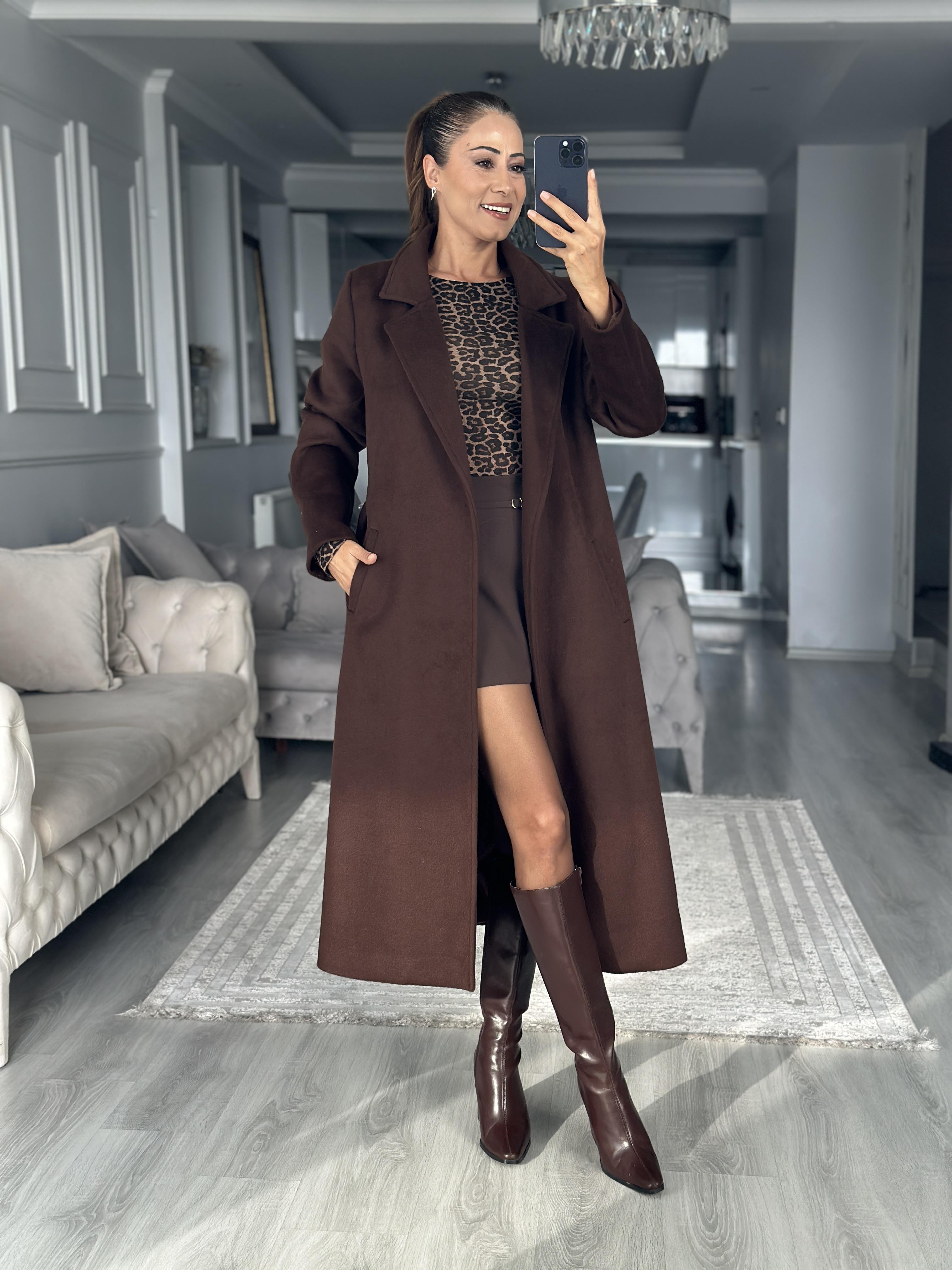 Kahverengi Soft Touch Kuşaklı Kadın Kaşe Kaban