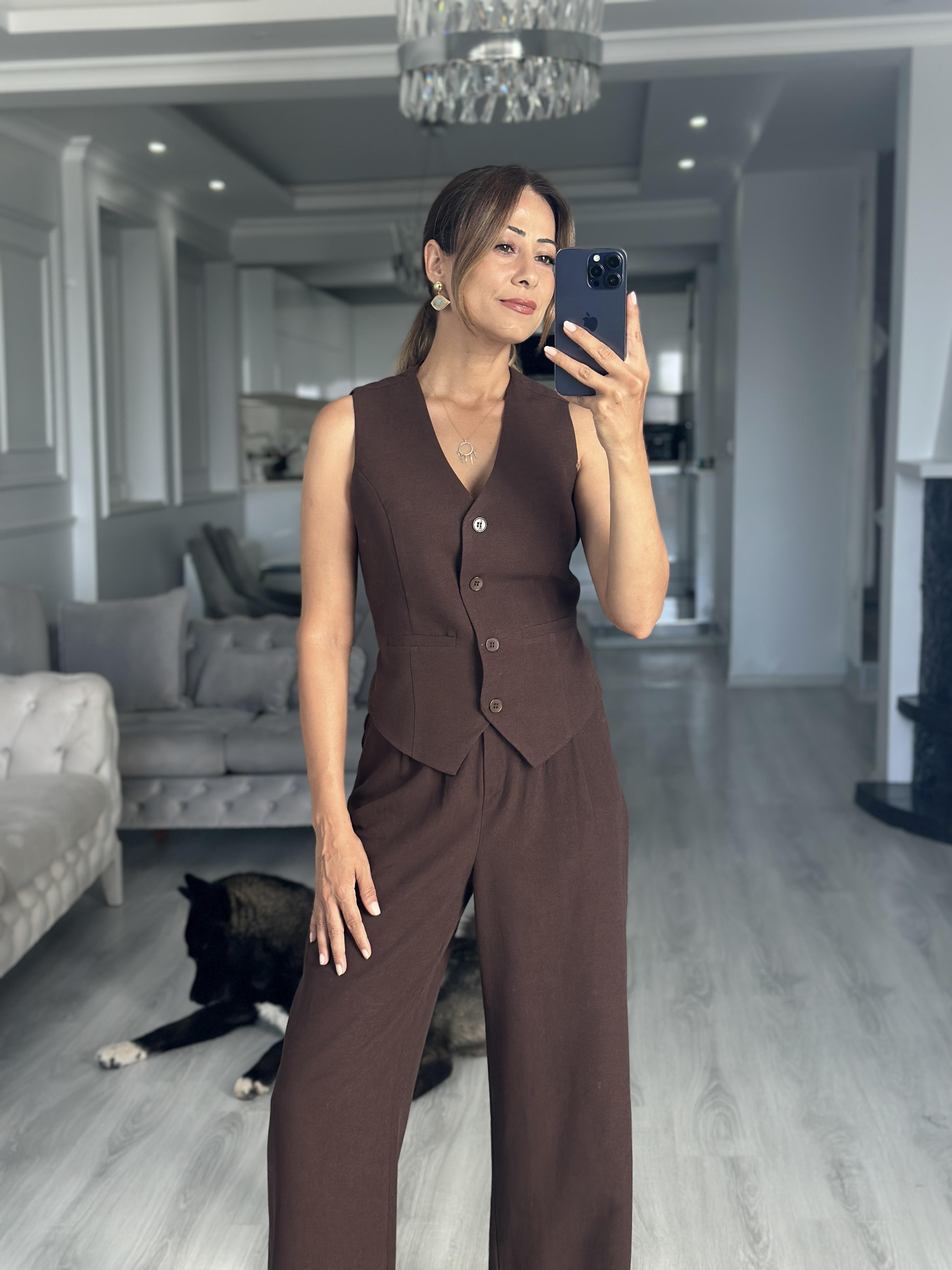 Kahverengi Terni Yelek Pantolon Kadın Keten Alt Üst Takım