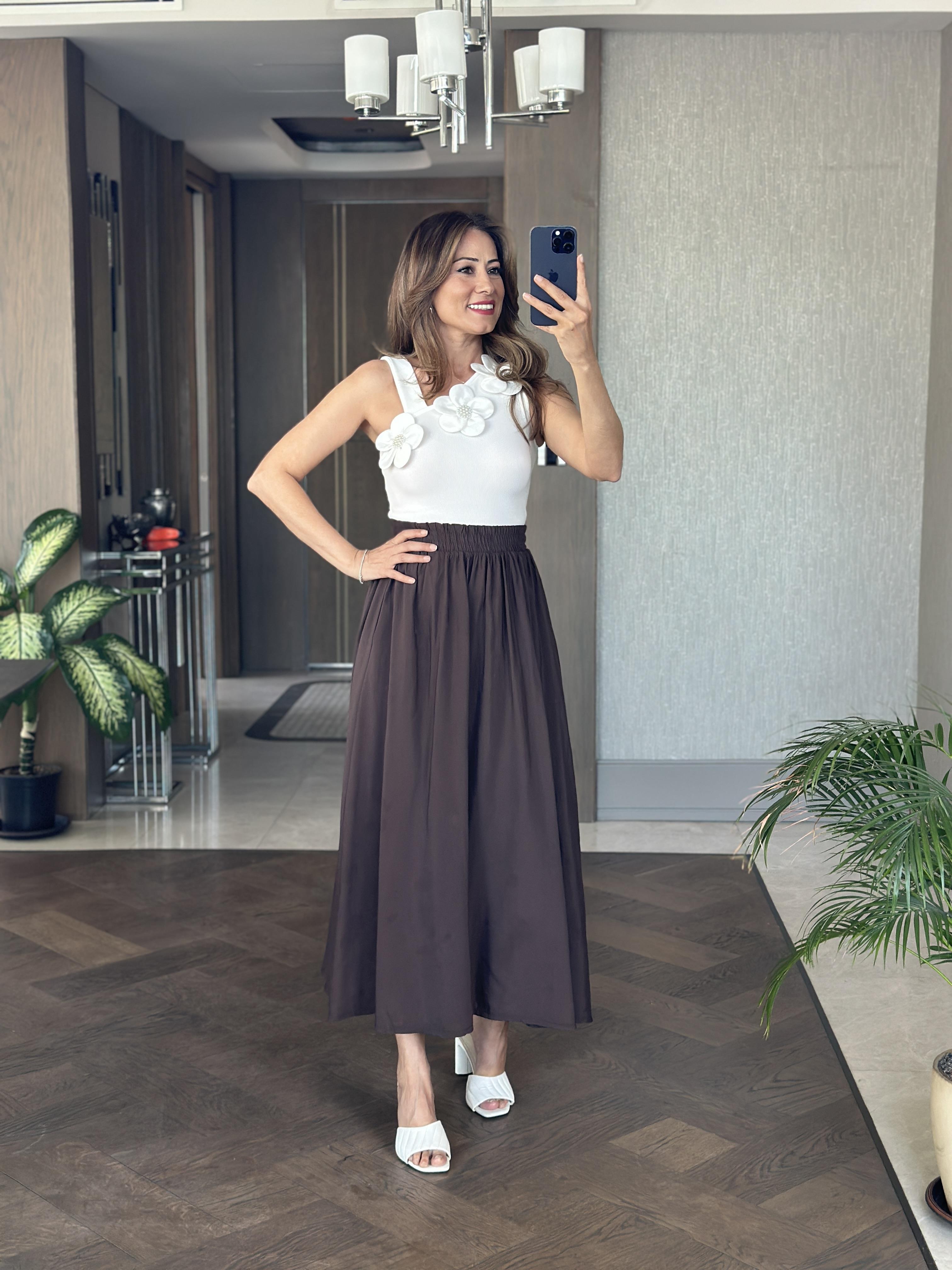 Kahverengi Tnsl Kumaş Beli Lastikli Cepli Kadın Midi Boy Etek