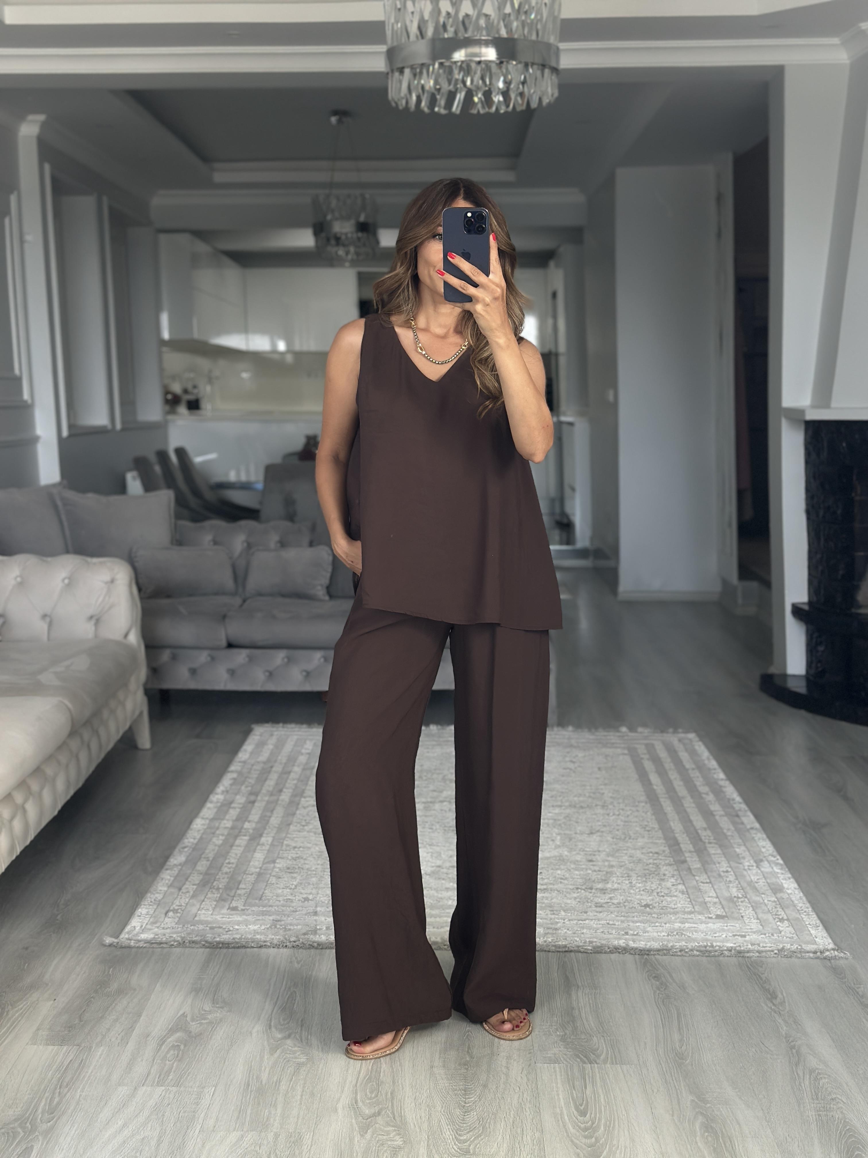 Kahverengi V Yaka Bluz Bol Paça Pantolon Kadın Alt Üst Takım