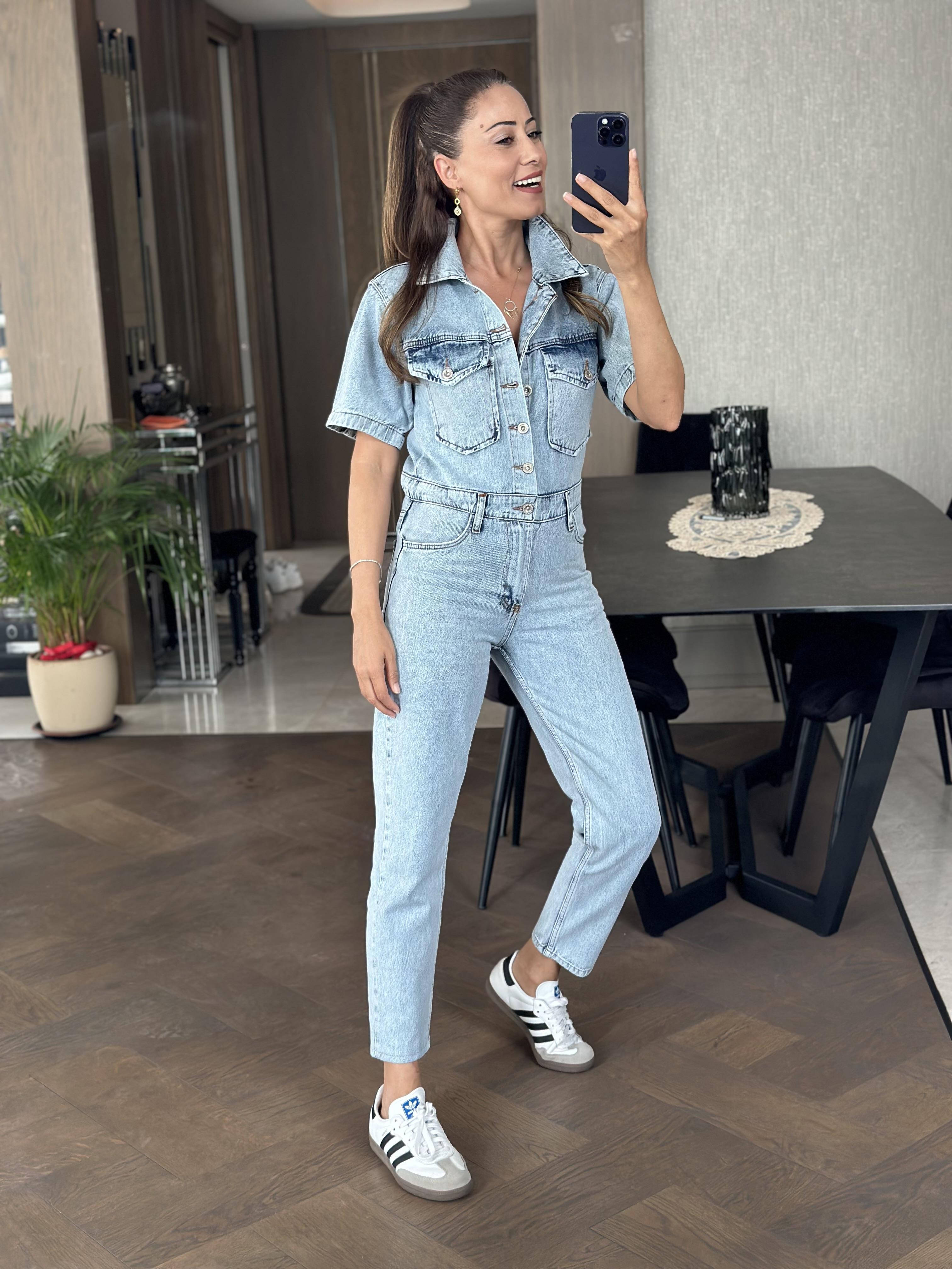 Kar Yıkama Önü Fermuarlı Kısa Kol Mom Kadın Jean Tulum