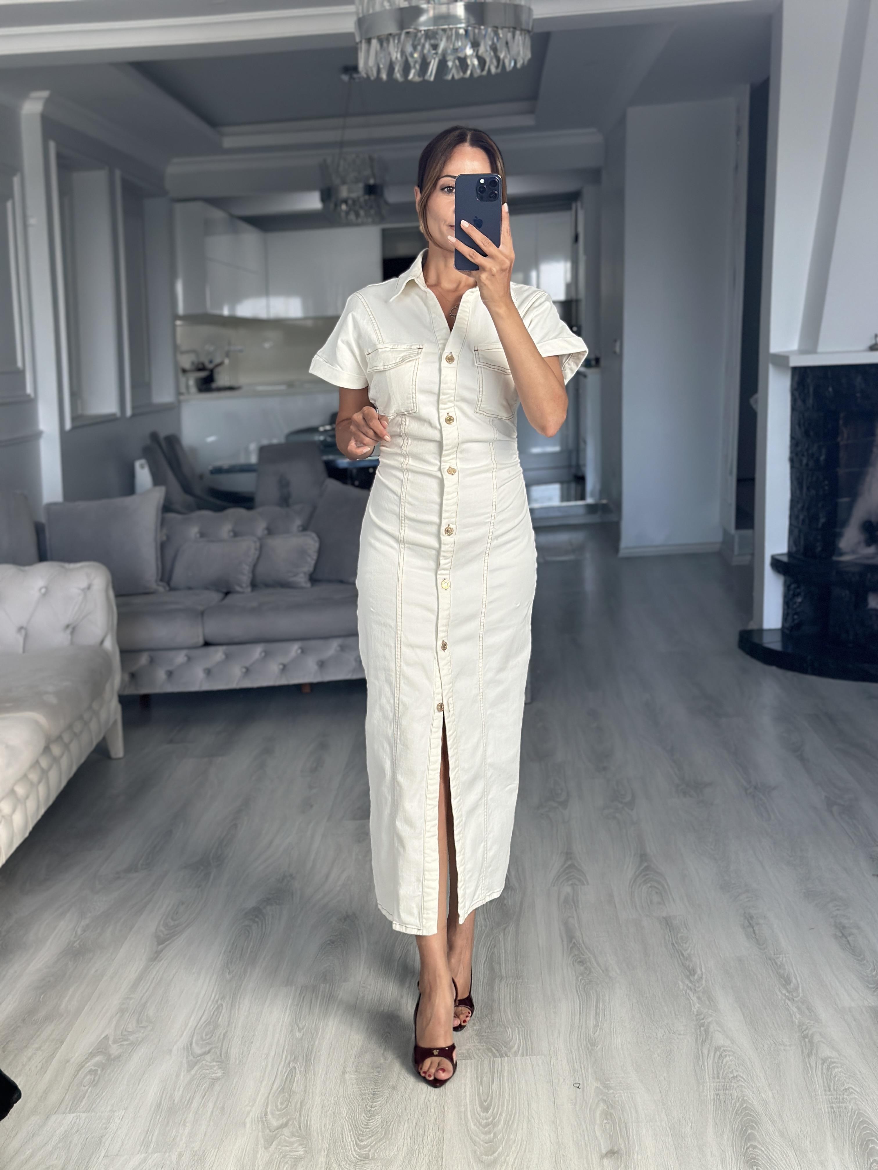 Kemik Gold Düğmeli Kısa Kol Midi Boy Kadın Jean Elbise