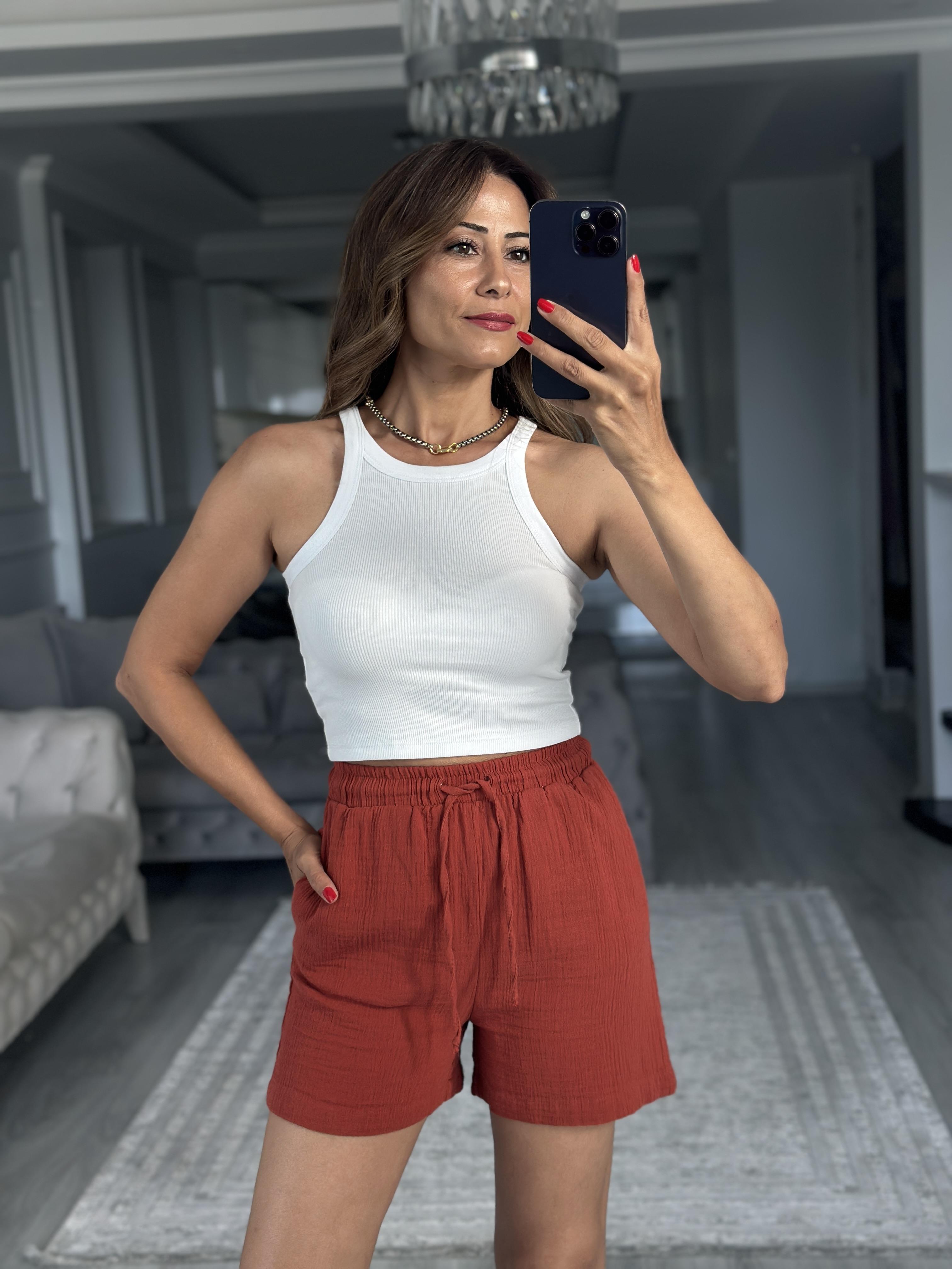 Kiremit Beli Lastikli Müslin Kumaş Kadın Şort