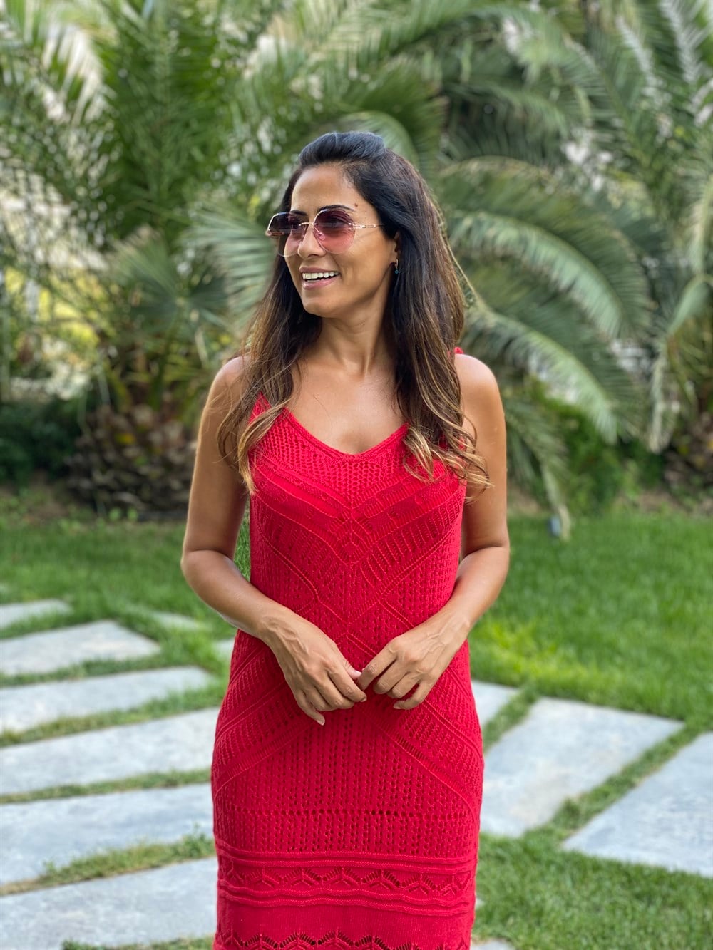 Kırmızı Askılı Ajur Desenli Triko Kadın Elbise