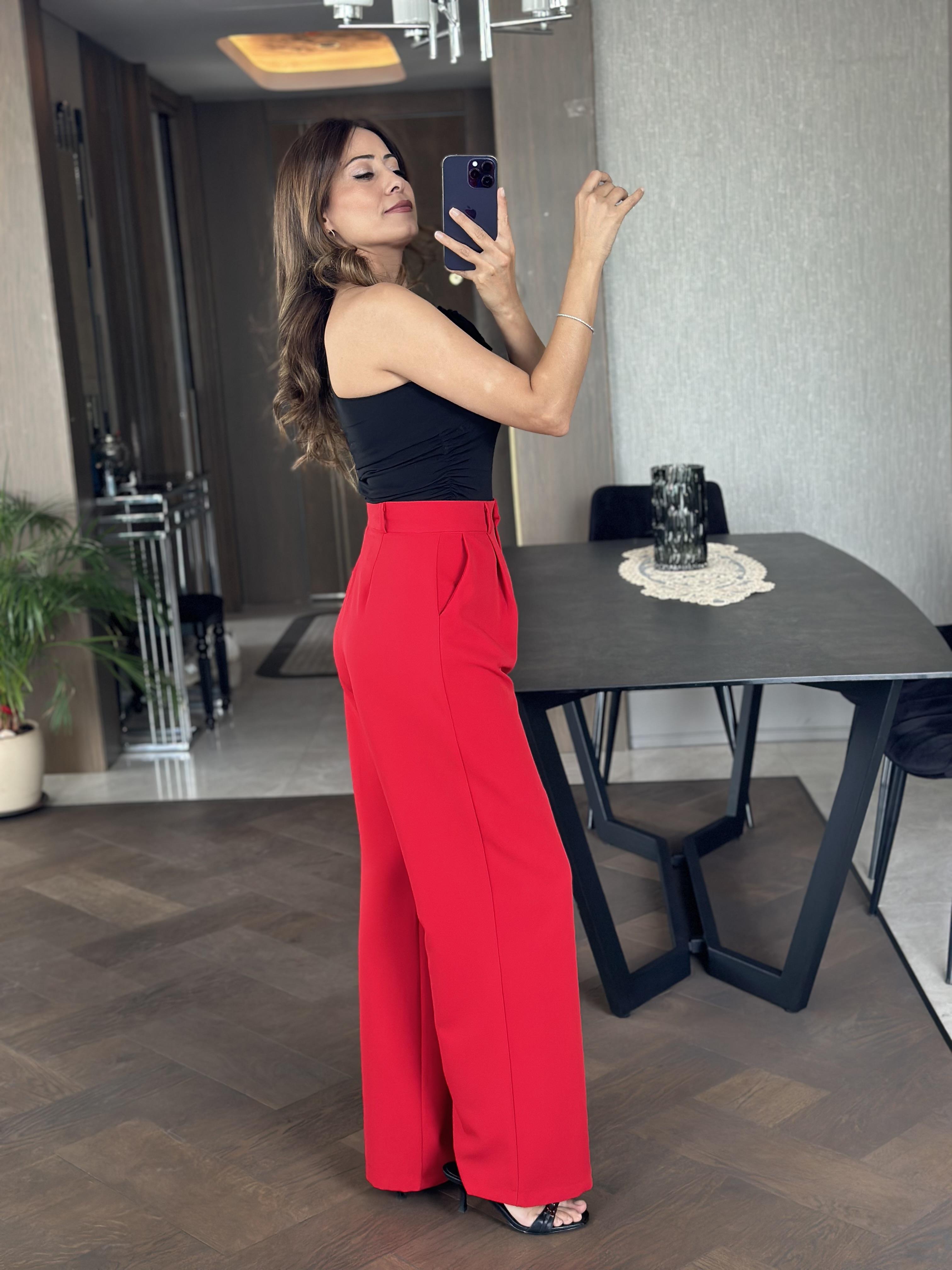 Kırmızı Atlas Kumaş Orjinal Marka Palazzo Kadın Pantolon