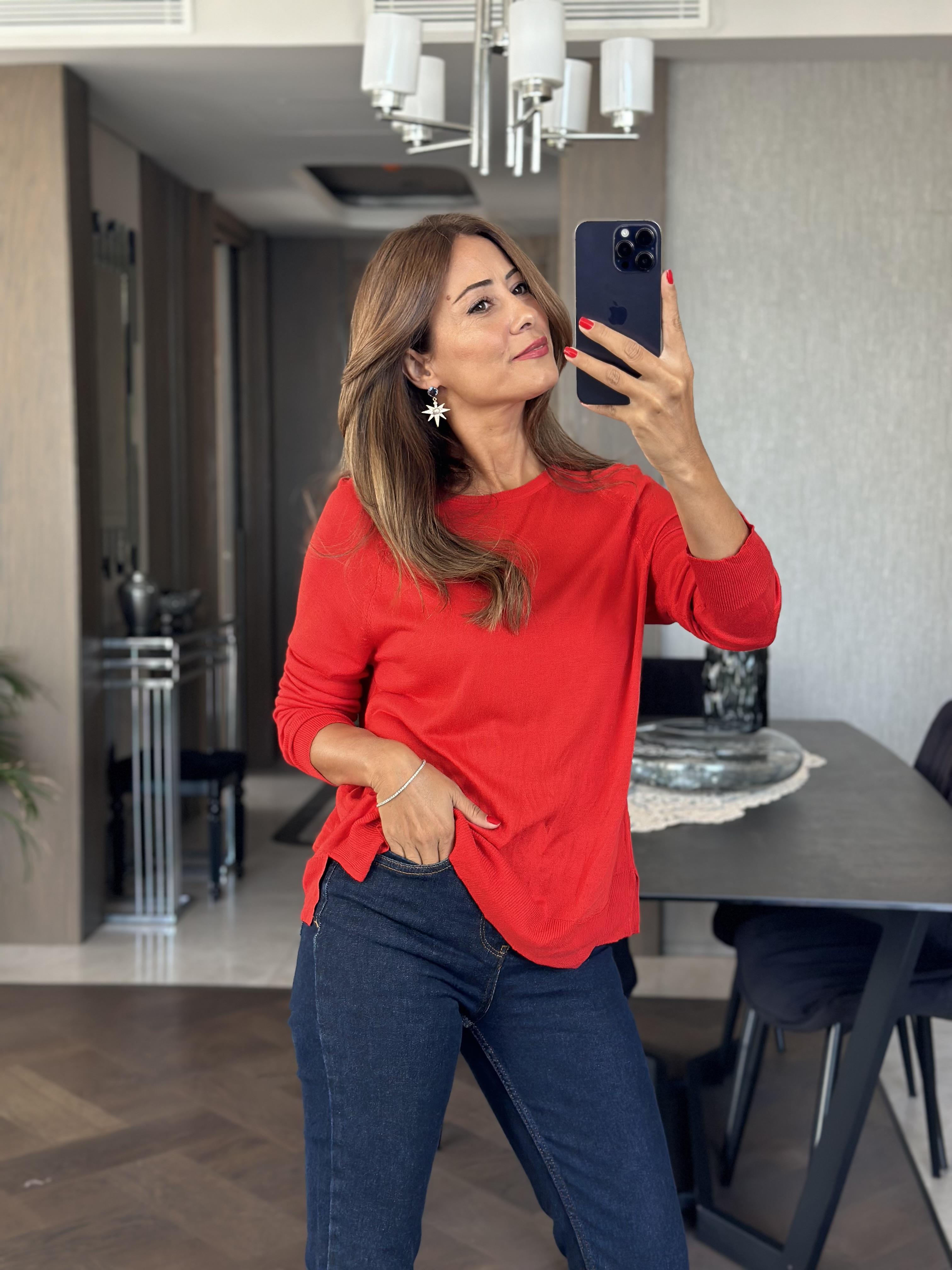 Kırmızı Bisiklet Yaka Uzun Kol Dlvn Düz Merserize Kadın Bluz