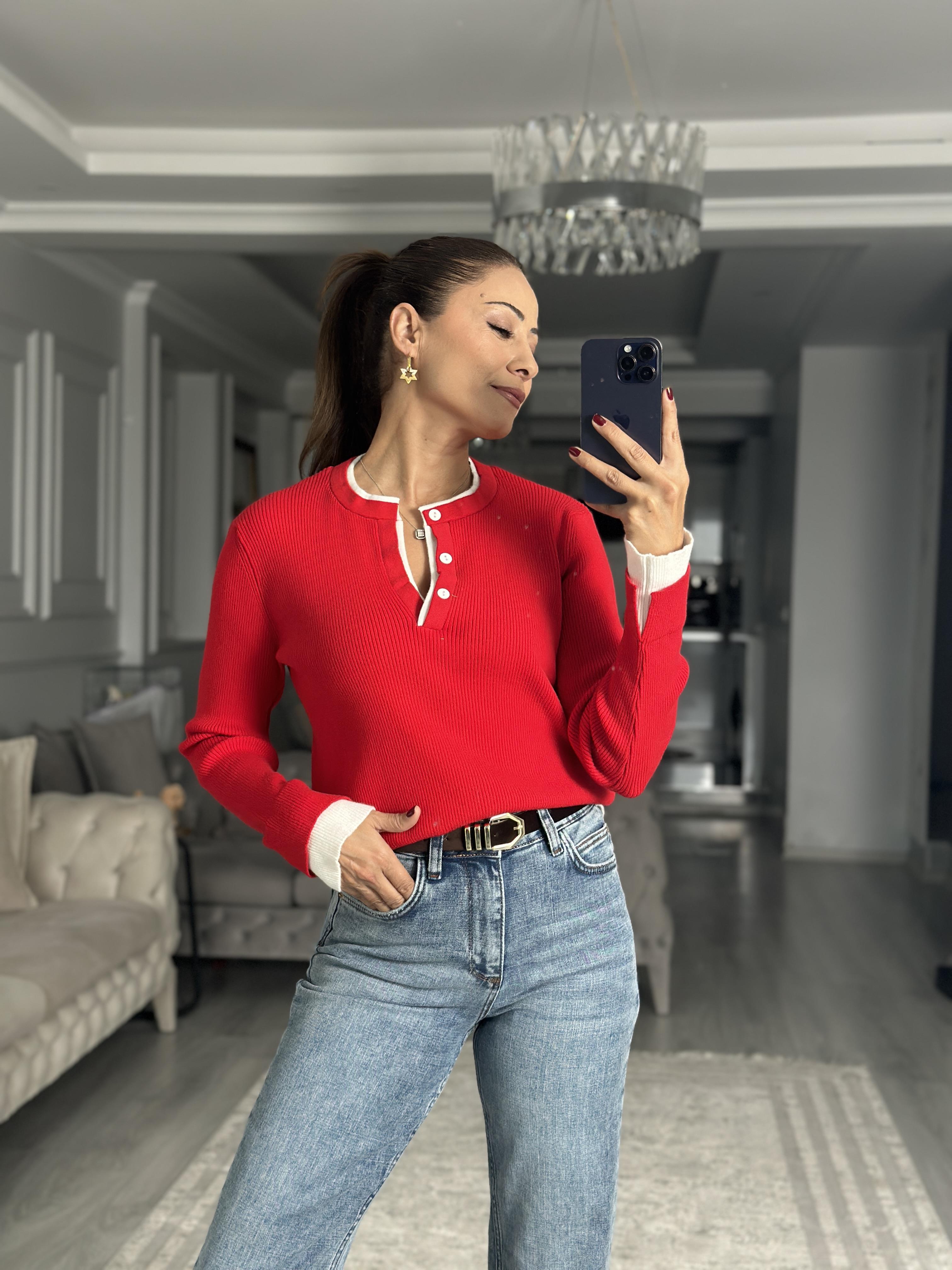 Kırmızı Çift Renk Ribanalı Fitilli Triko Kazak