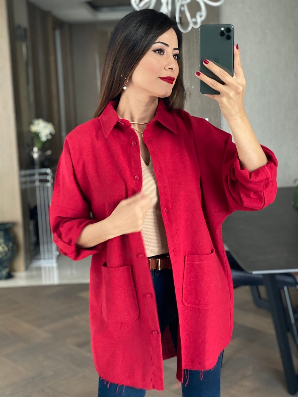 Kırmızı Ham Keten Oversize Gömlek