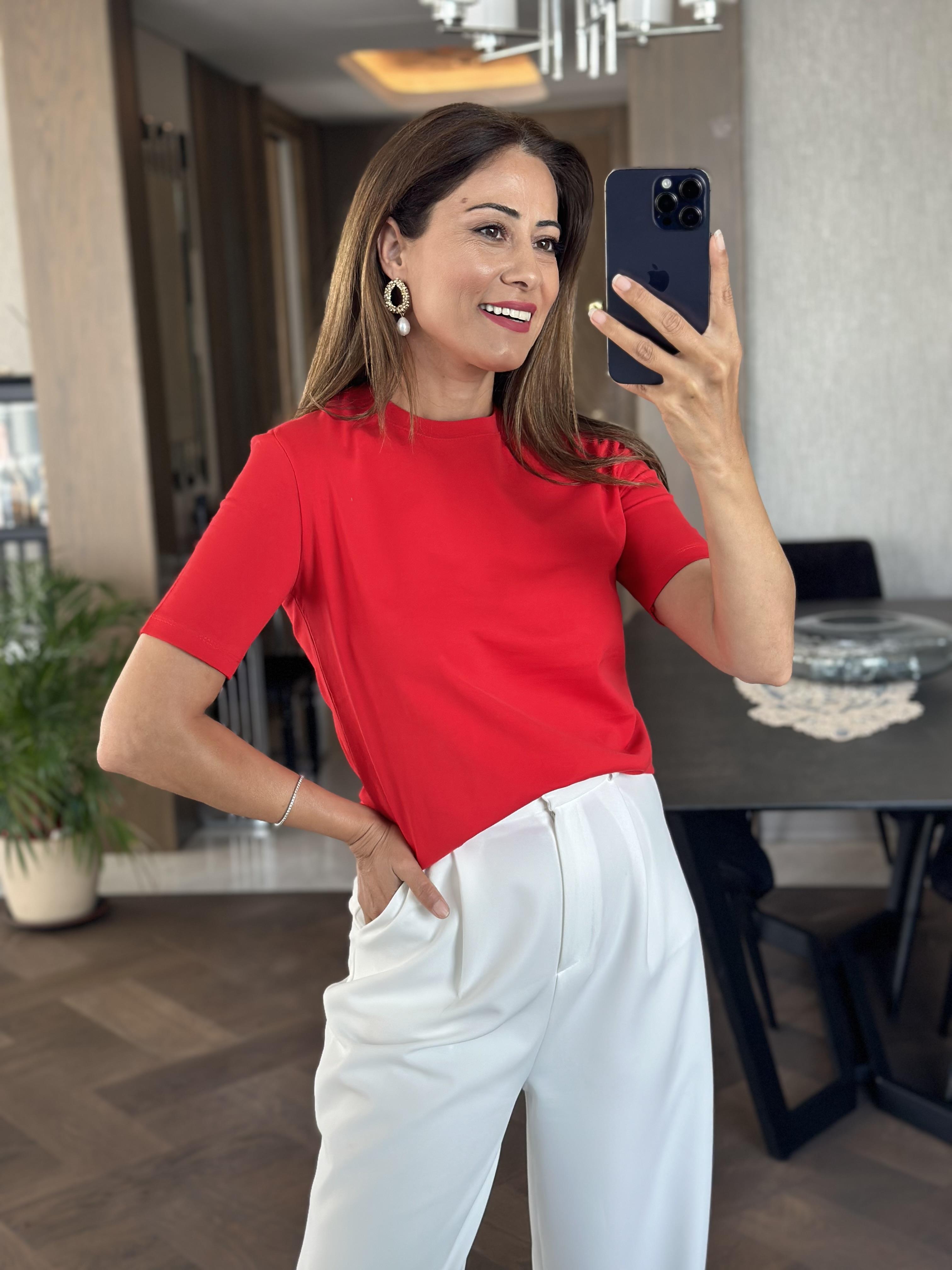 Kırmızı Kısa Kol Bisiklet Yaka Orjinal Marka Basic Kadın T-shirt