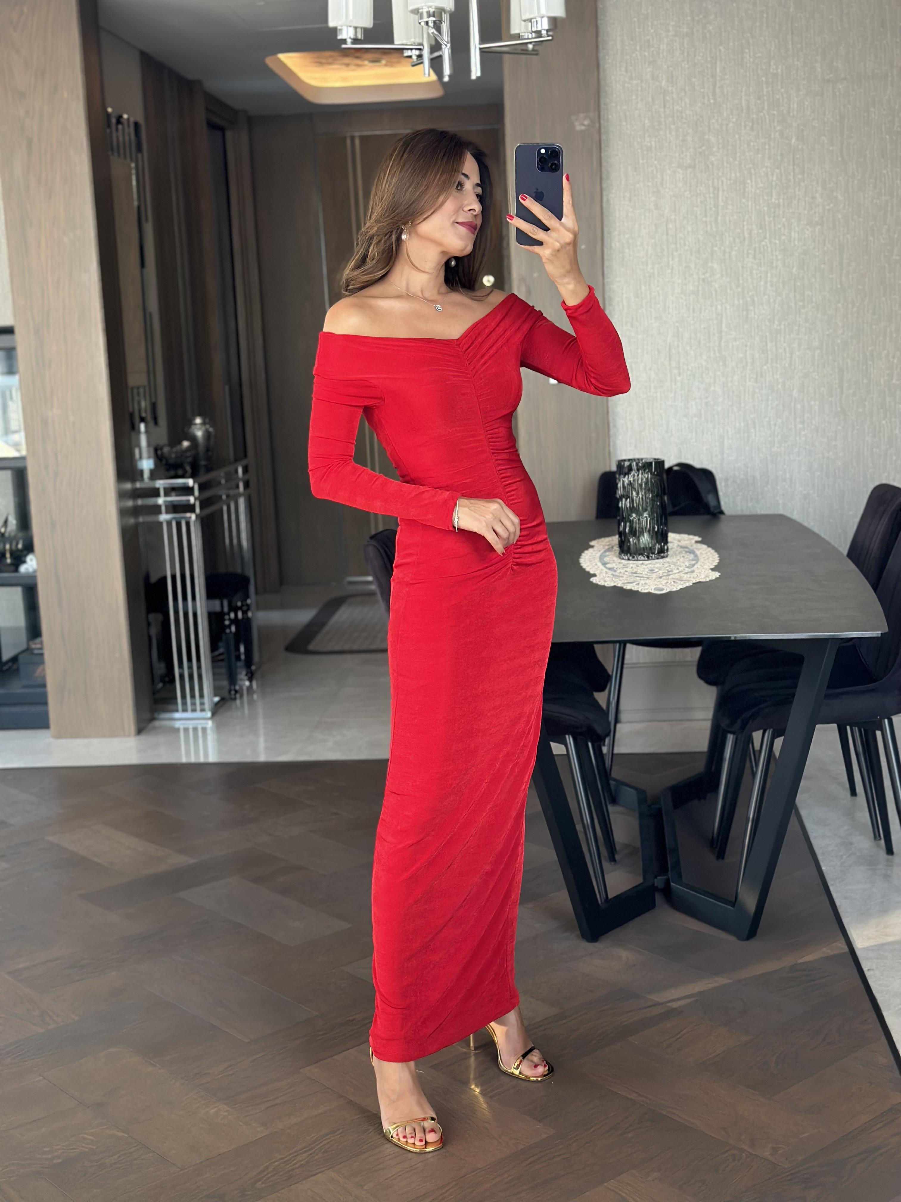 Kırmızı Madonna Yaka Önü Drapeli Buzzy Kadın Elbise 