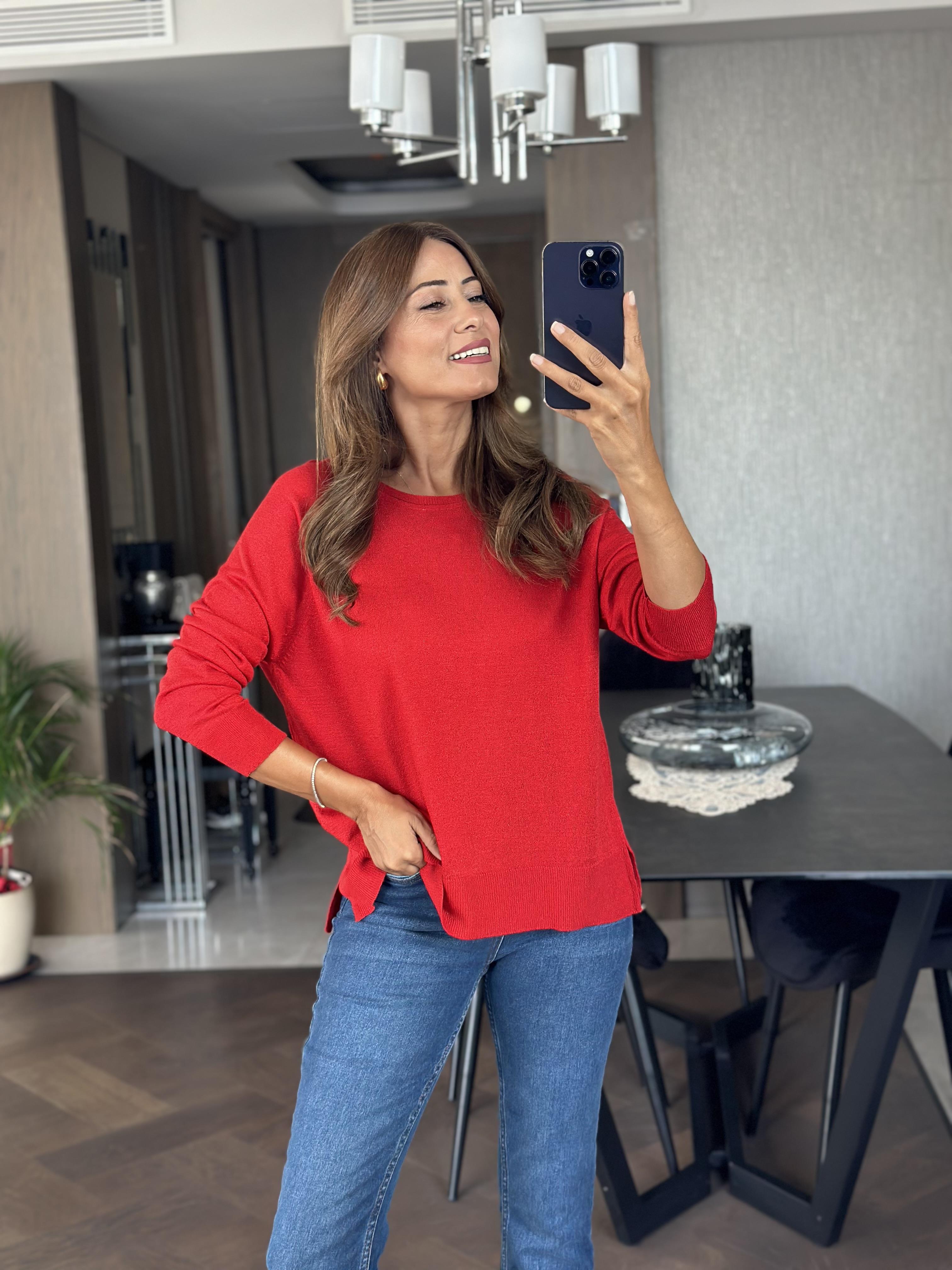 Kırmızı Simli Bisiklet Yaka Uzun Kol Dilvn Düz Merserize Kadın Bluz