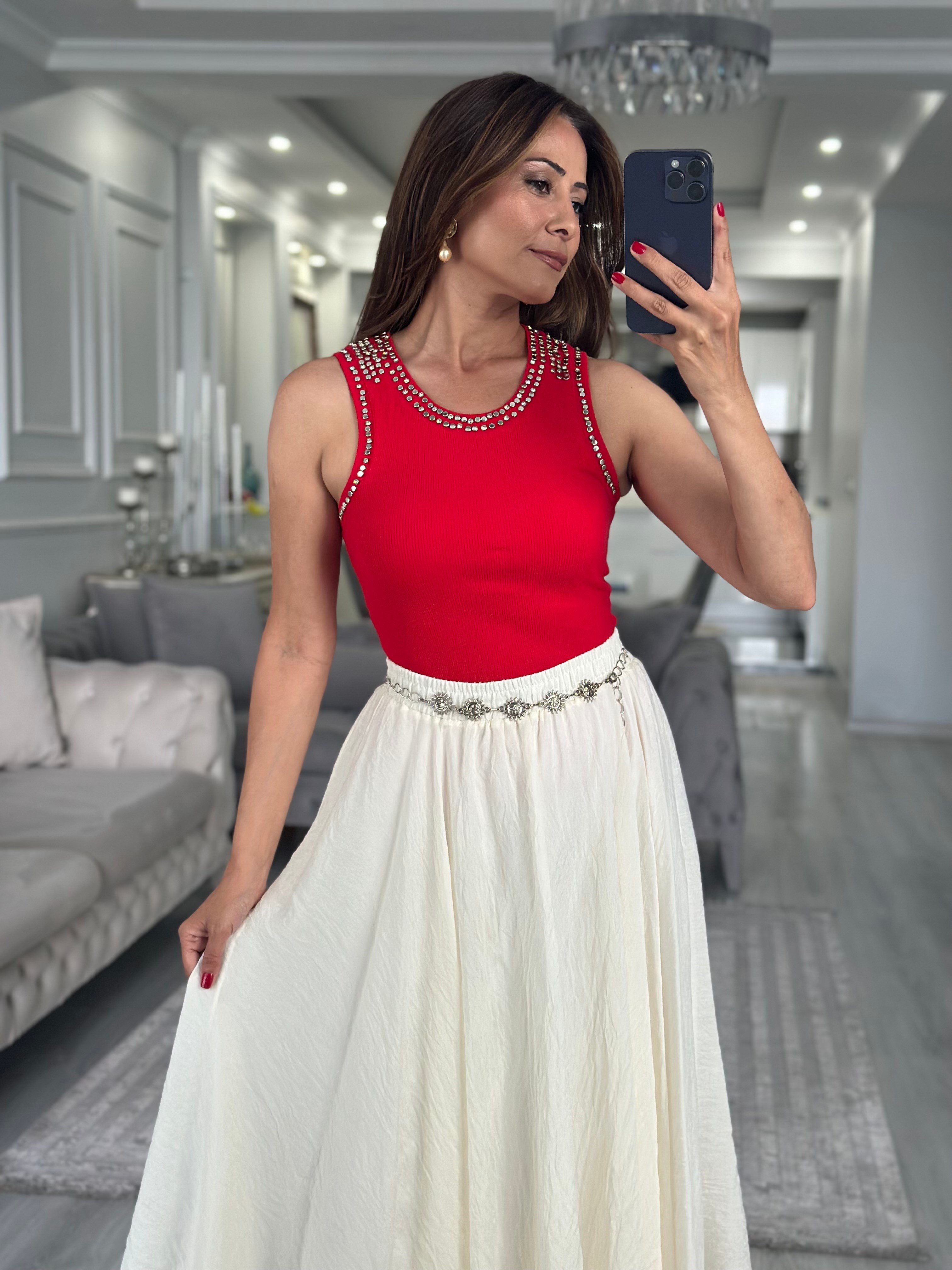 Kırmızı Troklu Sıfır Kol Kaşkorse Kadın Body