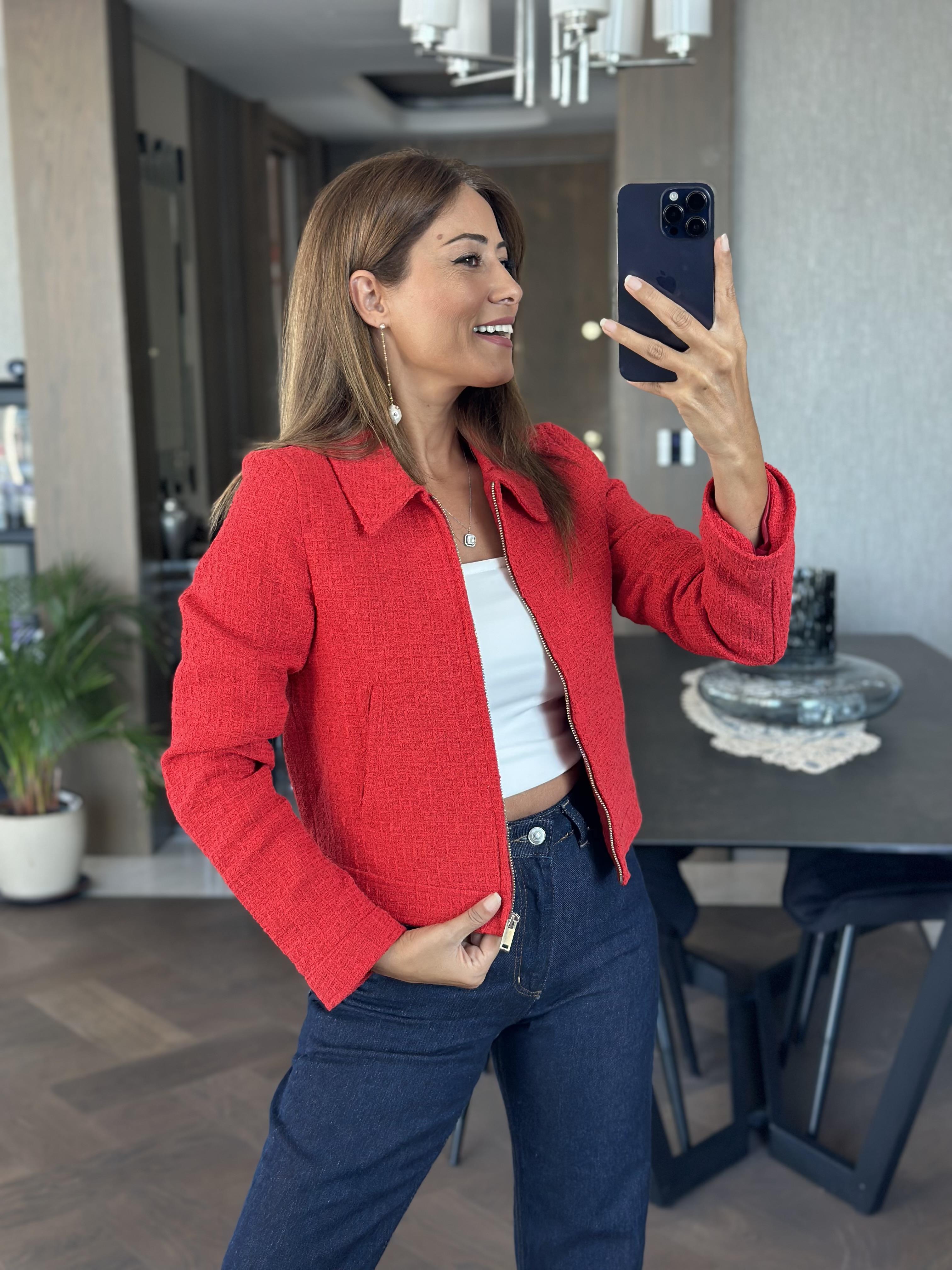 Kırmızı Tüvit Fermuarlı Cepli Kadın Ceket