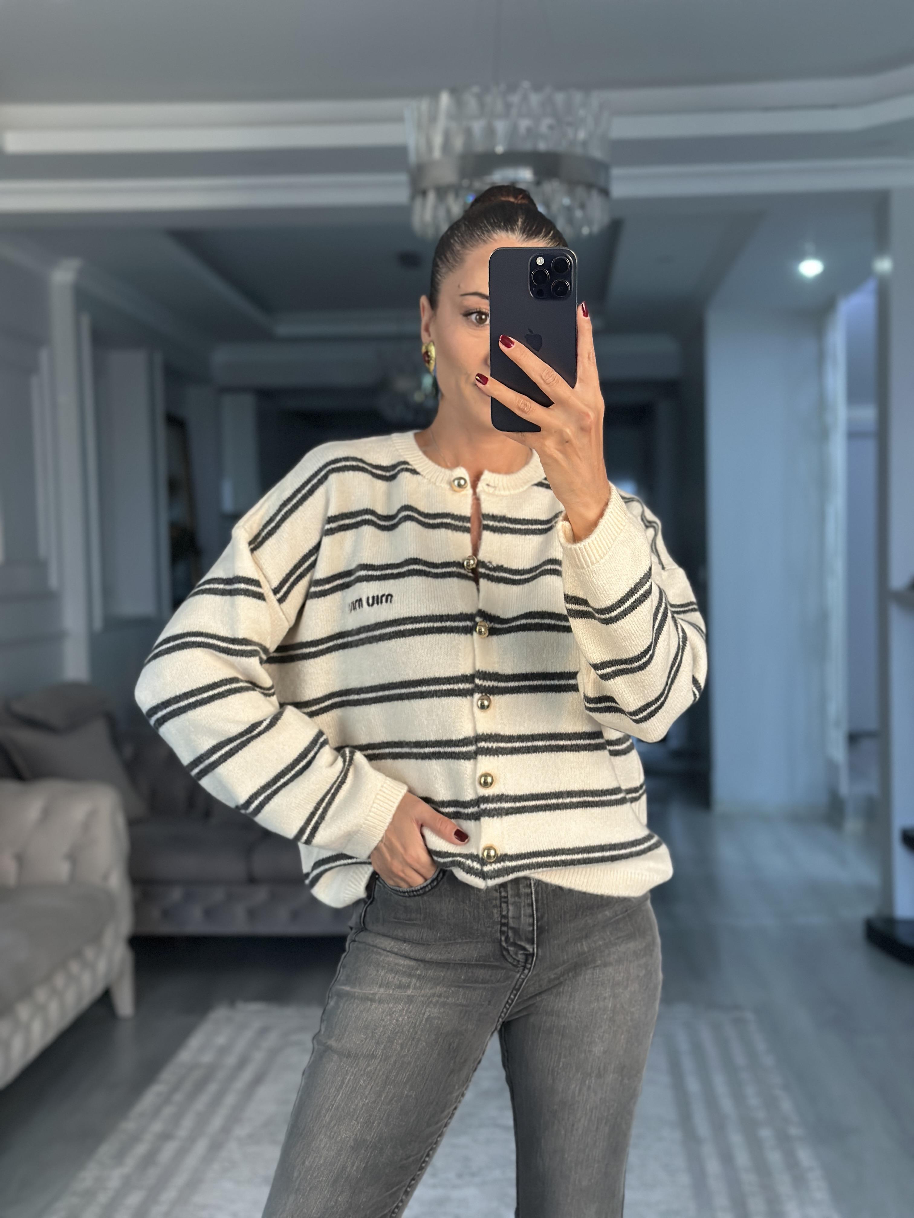 Krem Antrasit Şeritli Düğmeli Kadın Triko Hırka