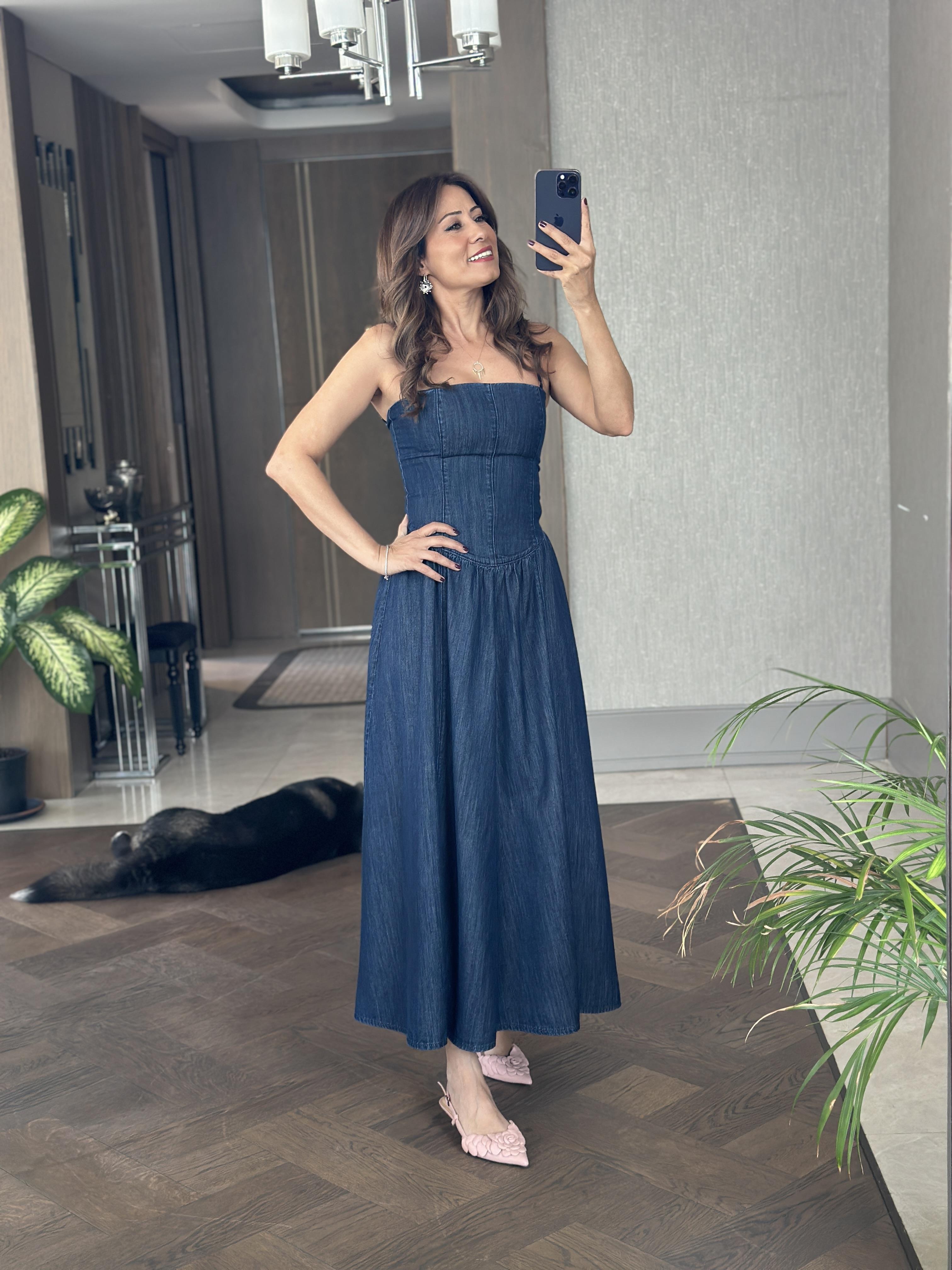 Lacivert Denim Çıkarılabilir Askılı Straplez Maksi Boy Kadın Elbise