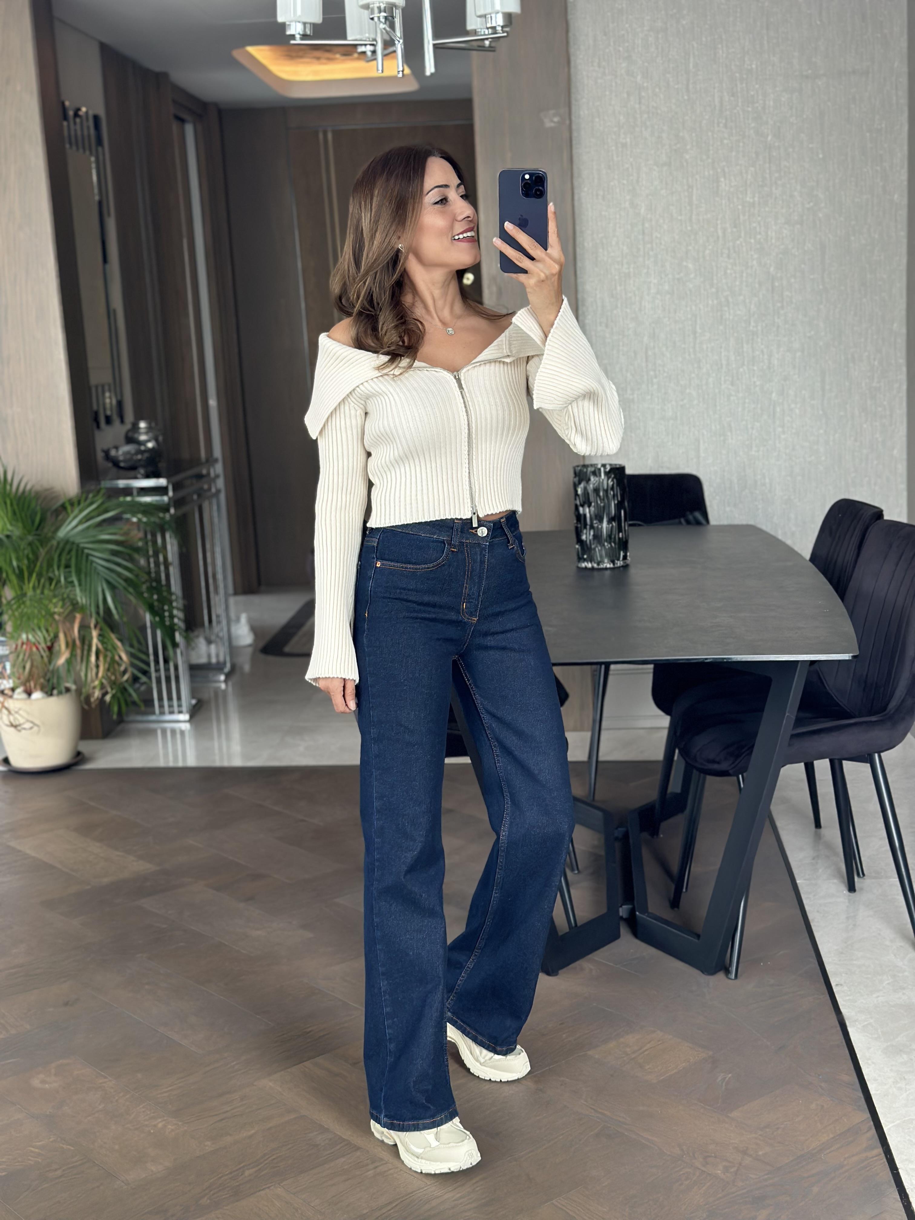 Lacivert Karol Wide Leg Kadın Jean Pantolon
