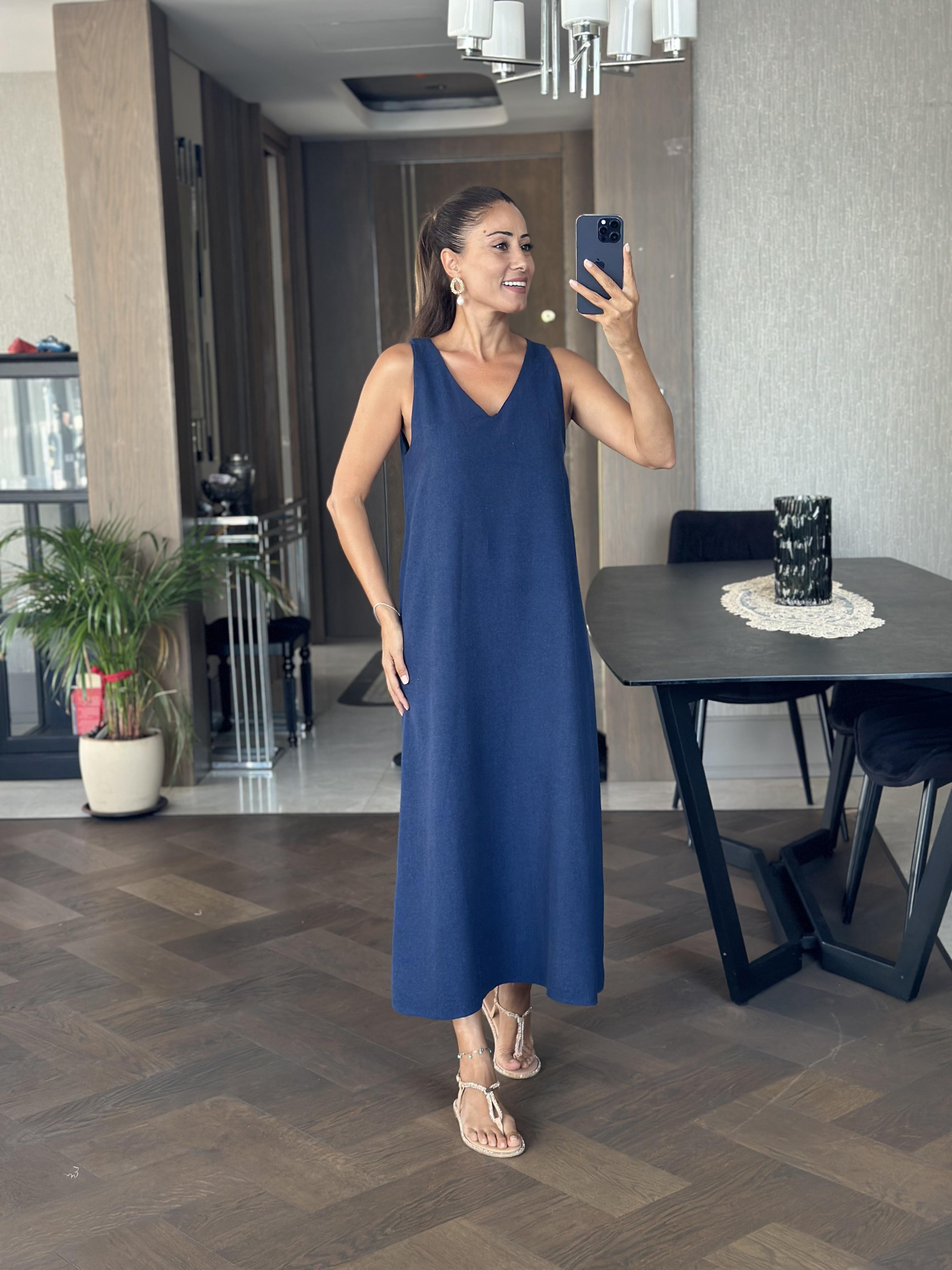 Lacivert Önü V Yaka Sıfır Kol Kadın Keten Elbise 