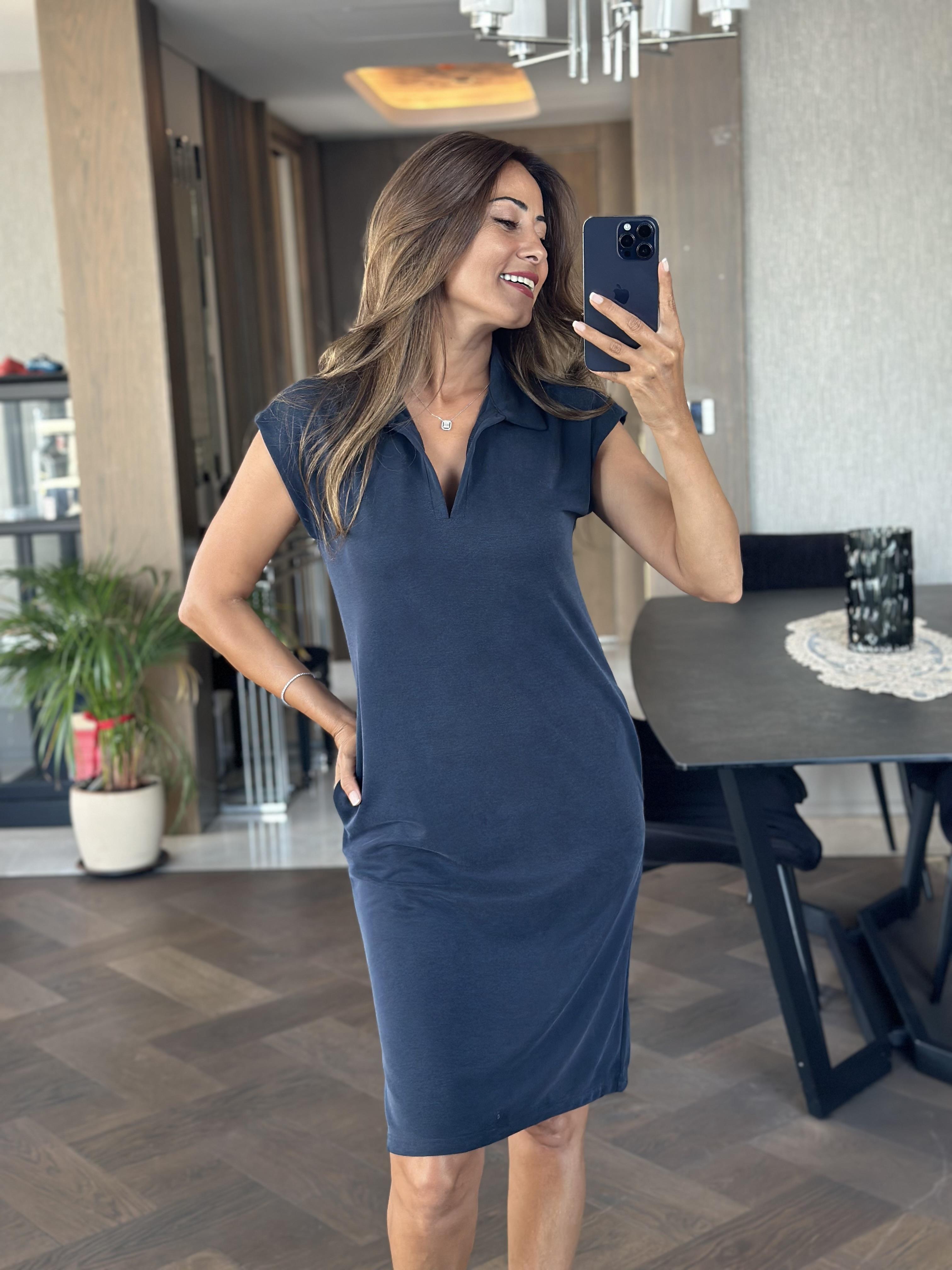 Lacivert Oysh Polo Yaka Sıfır Kol Modal Midi Boy Kadın Elbise 
