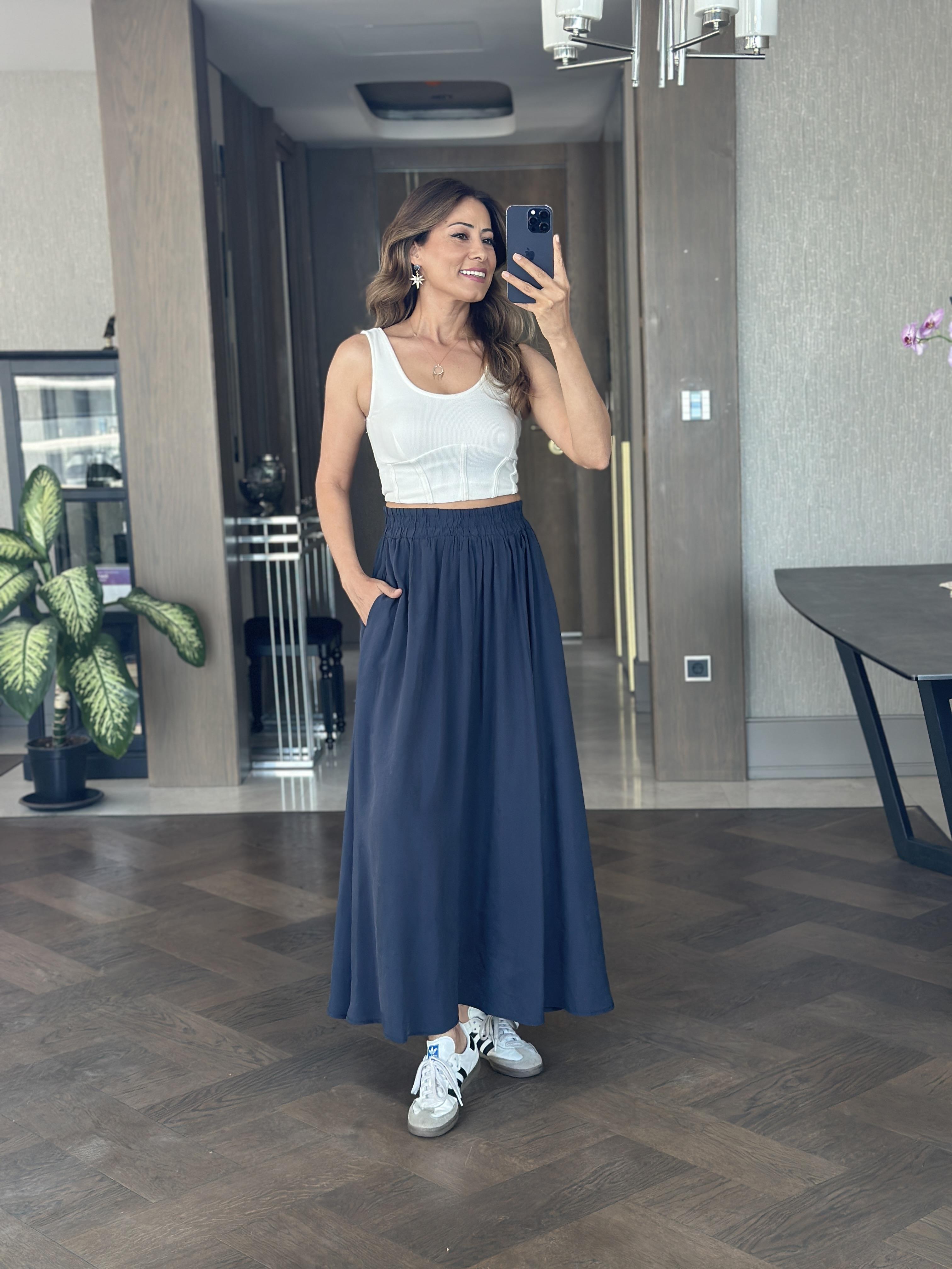 Lacivert Tnsl Kumaş Beli Lastikli Cepli Kadın Midi Boy Etek