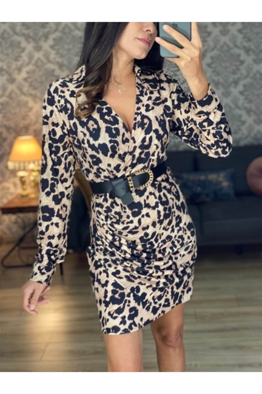 Leopar Yandan Büzgülü Elbise