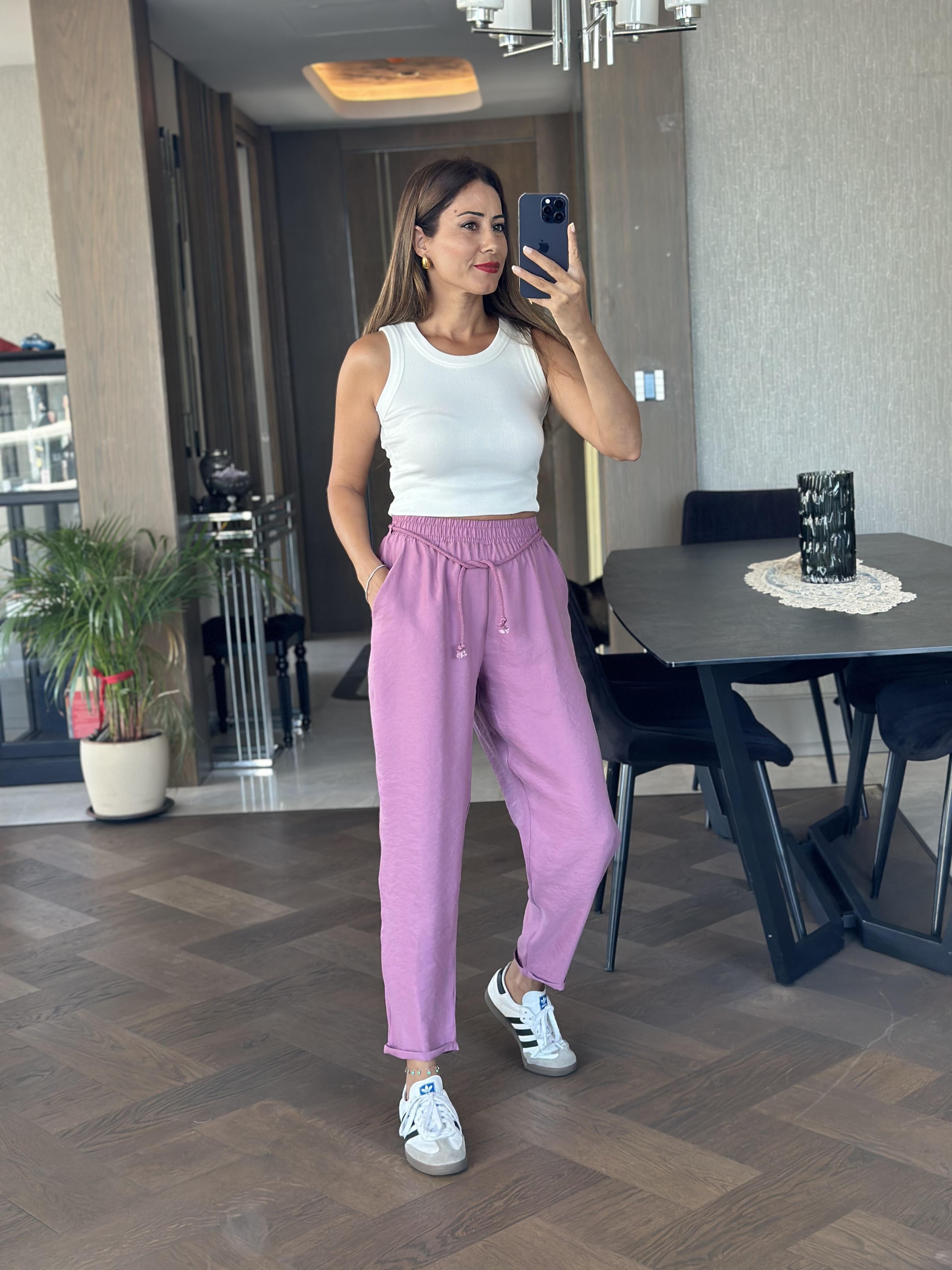 Leylak Duble Paça Örgü Kemerli Tnsel Kadın Pantolon