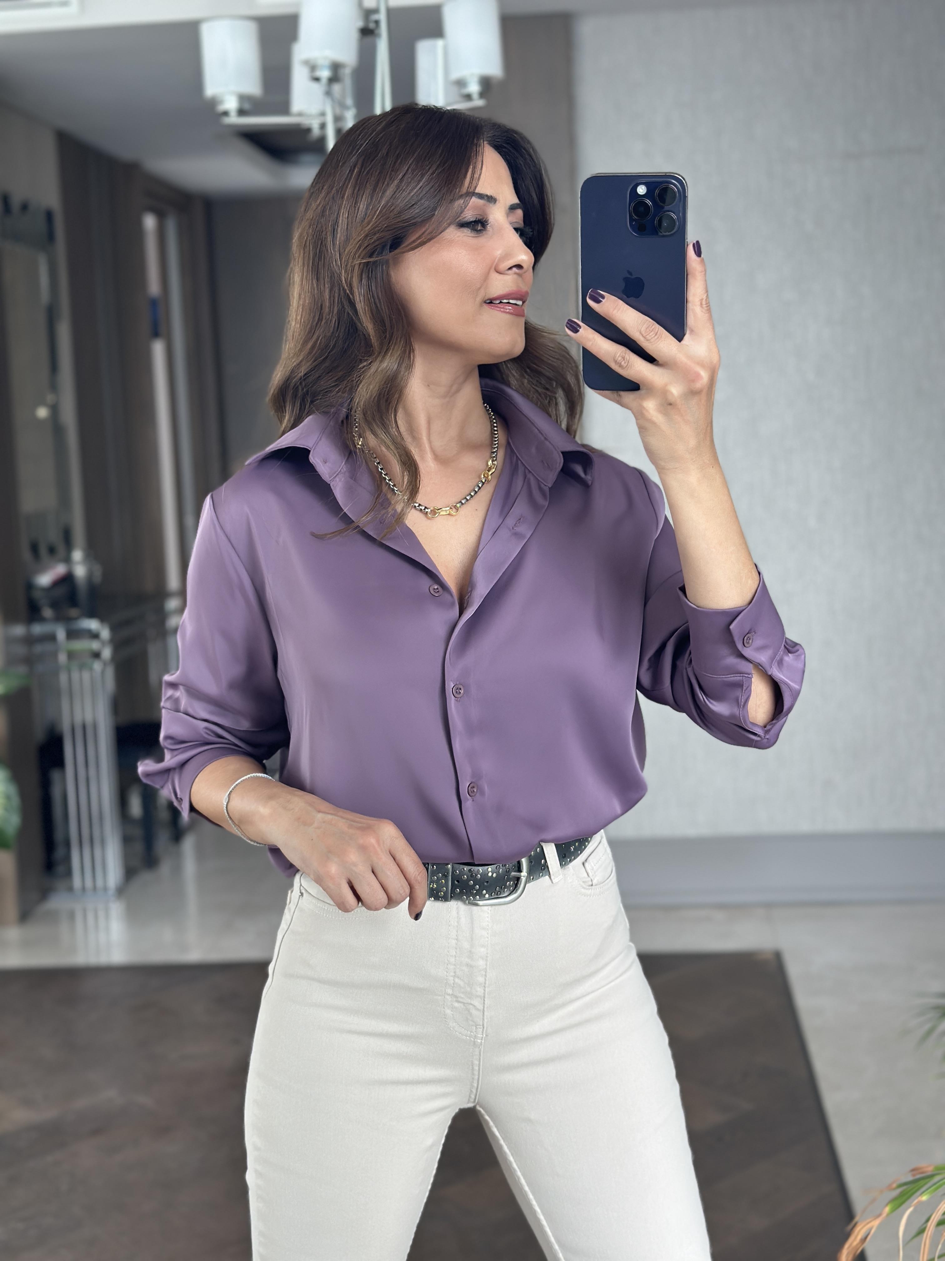 Leylak Karol Uzun Kol Saten Kadın Gömlek
