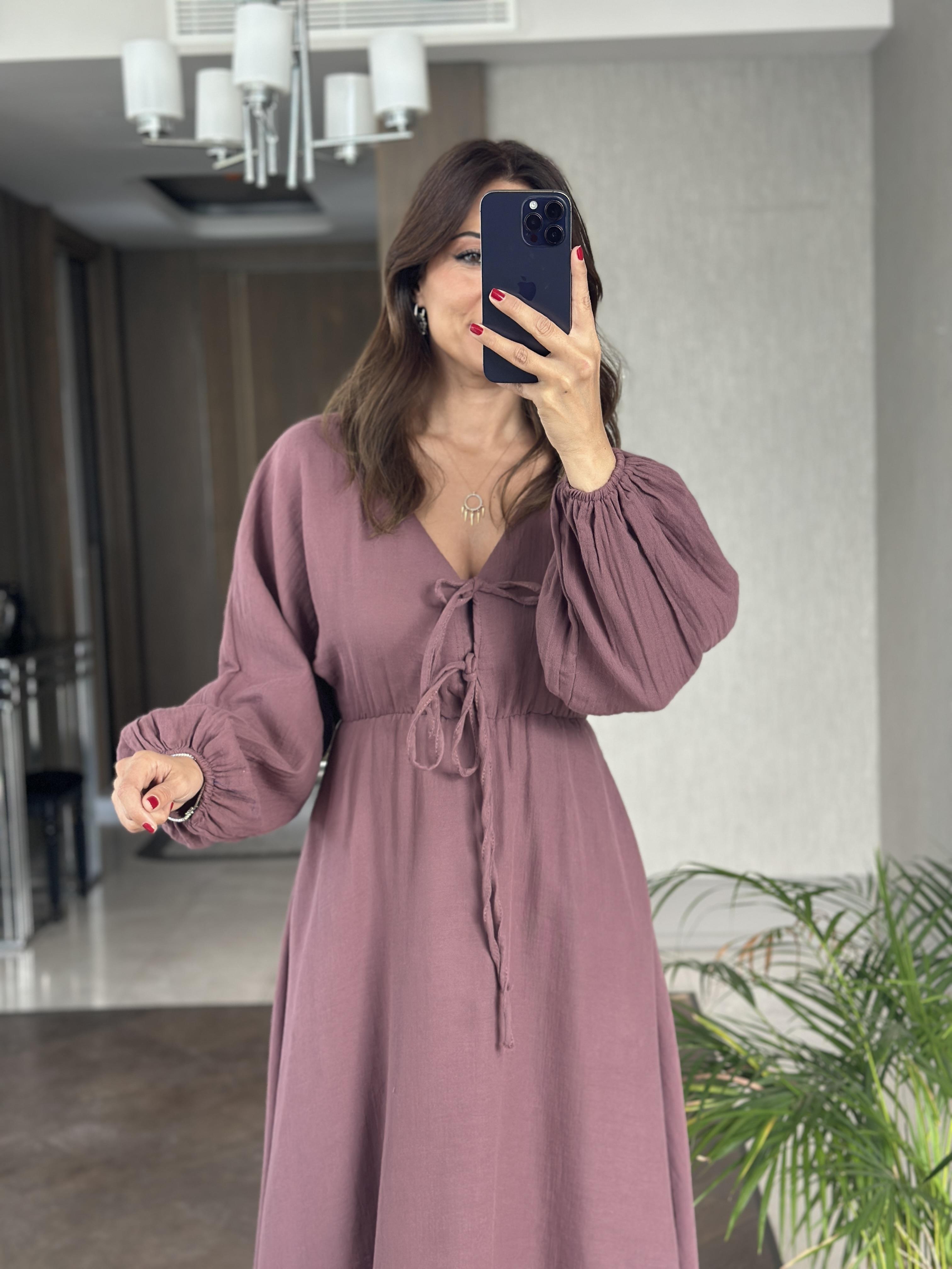 Leylak Müslin Önü Bağcıklı Kol Ucu Lastikli Kadın Midi Boy Elbise