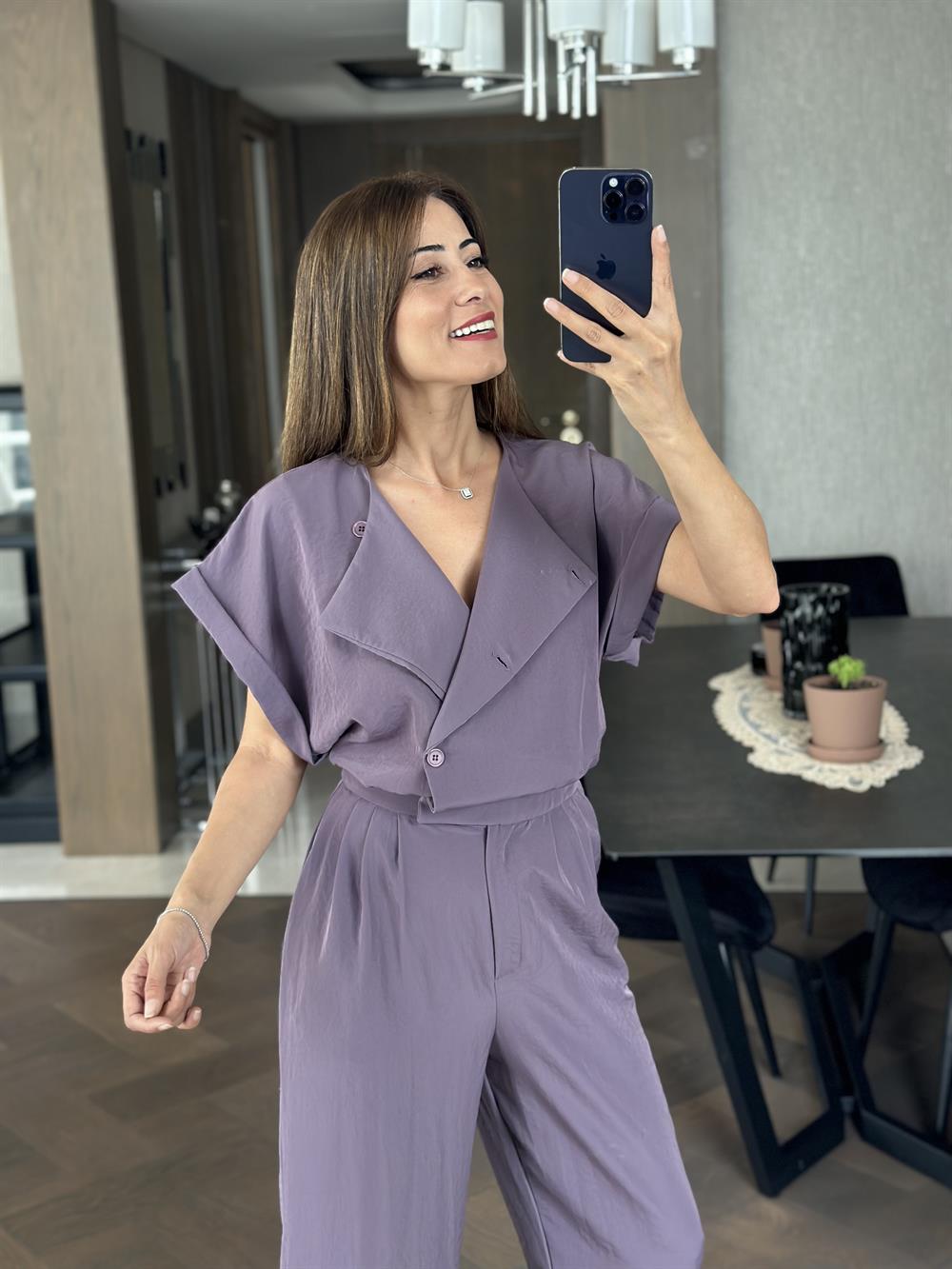 Leylak Tensel Havuç Model Önü Düğmeli Kadın Tulum