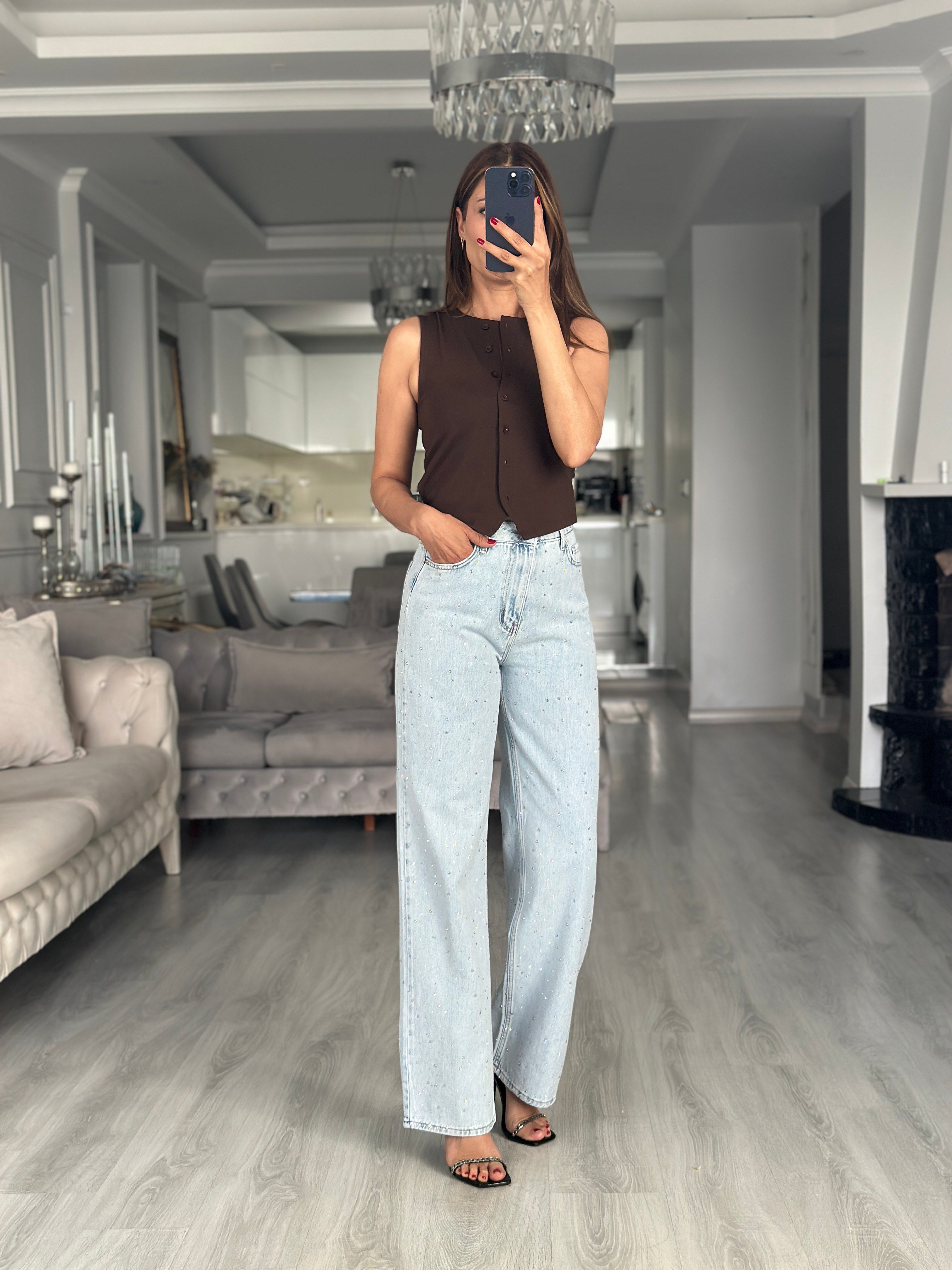 Light Blue Ön Arka Taşlı Wide Leg Kadın Jean Pantolon