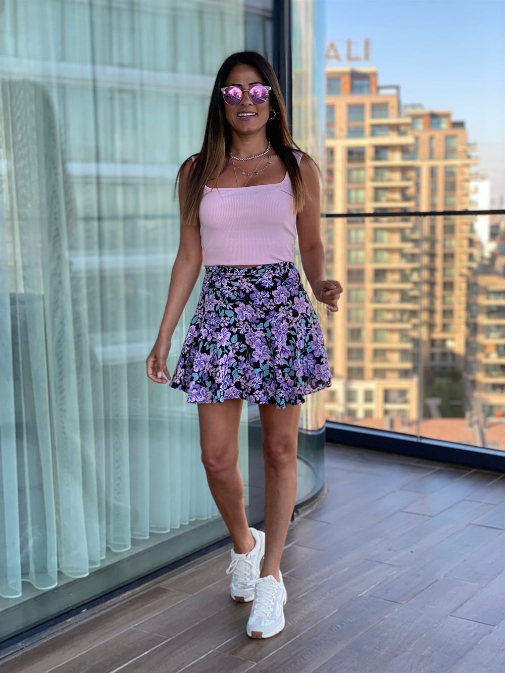 Lila Çiçek Desen Kuşaklı Şort Etek