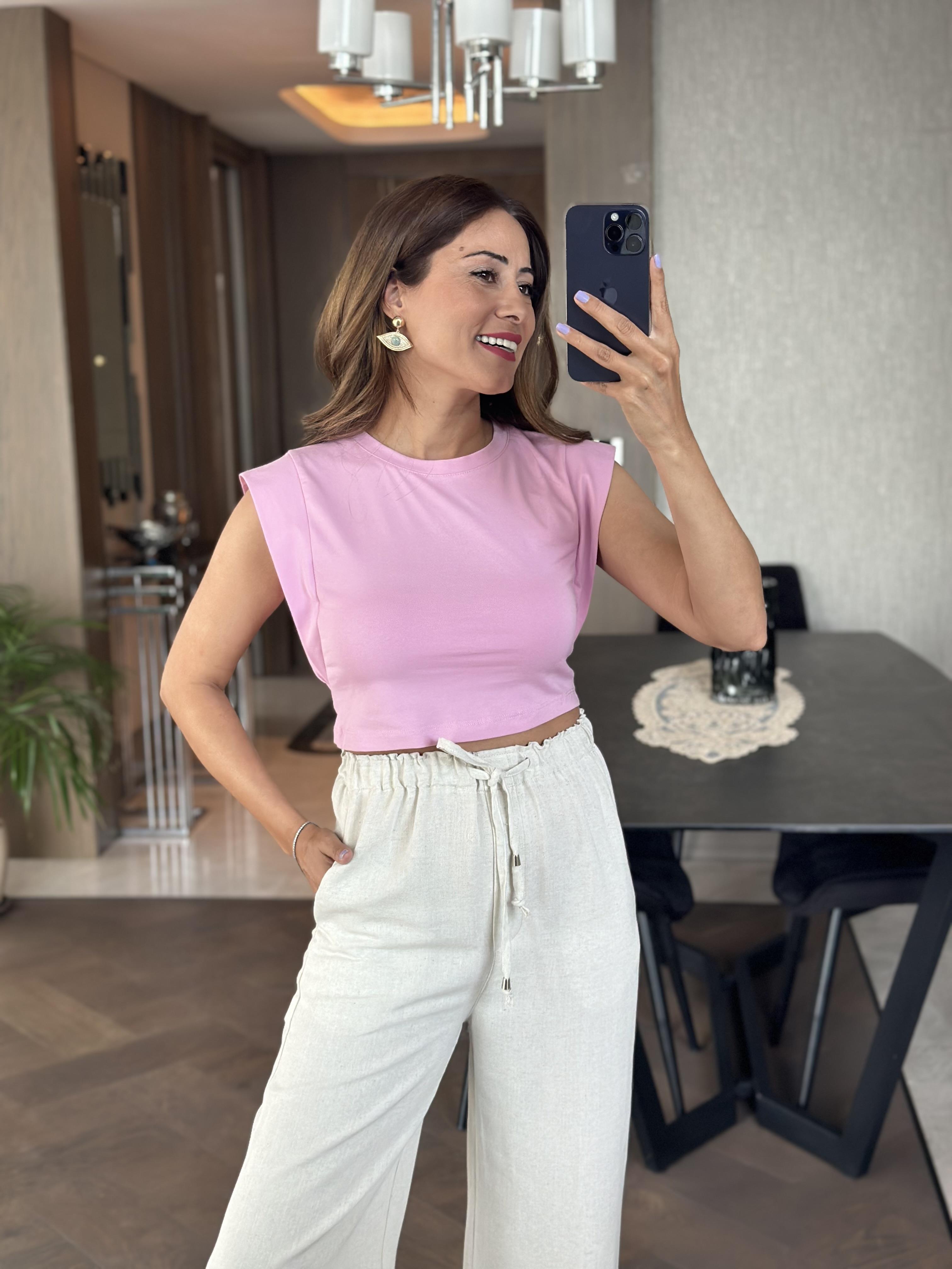 Lila Vatka Görünümlü Sıfır Kol Kadın Crop Body