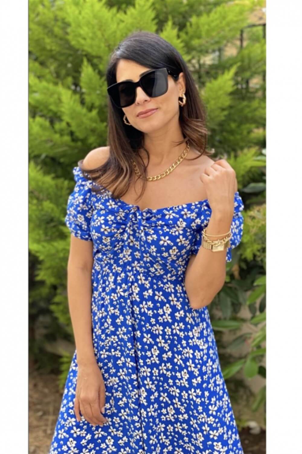 Mavi Asansör Yaka Çiçek Elbise