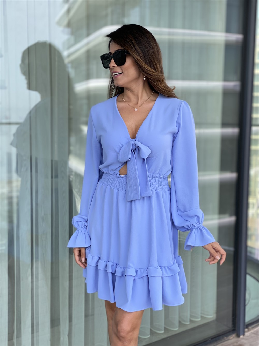 Mavi Bağlama Detay Bel Gipeli Aerobin Elbise