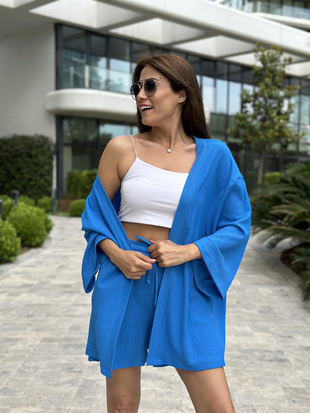 Mavi Bürümcük Kimono Şortlu Kadın İkili Takım
