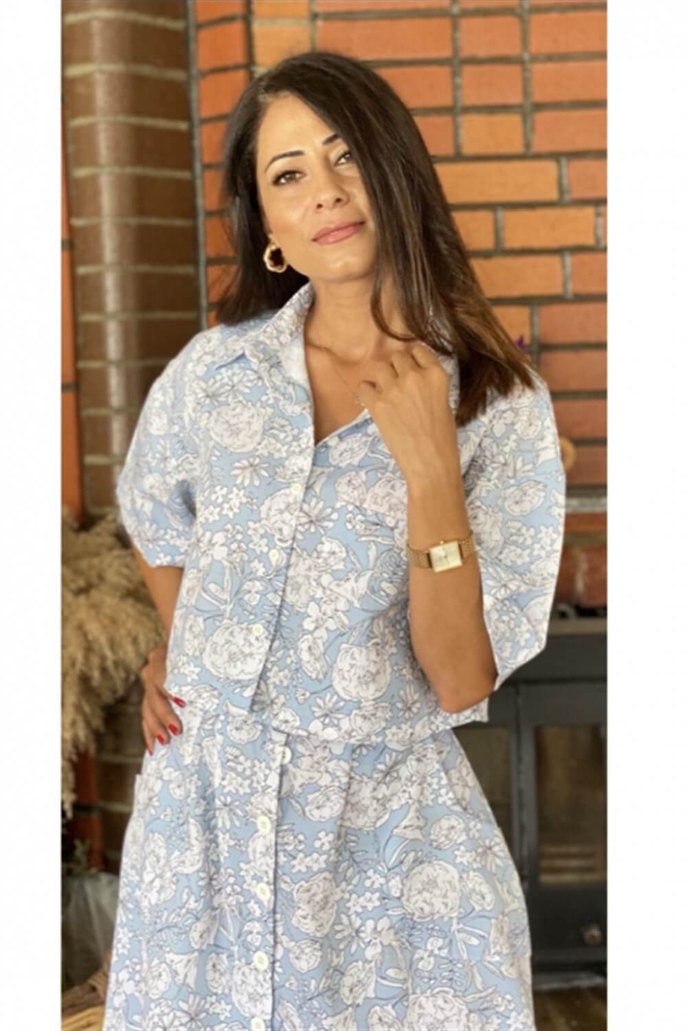 Mavi Çiçek Desen İkili Takım 