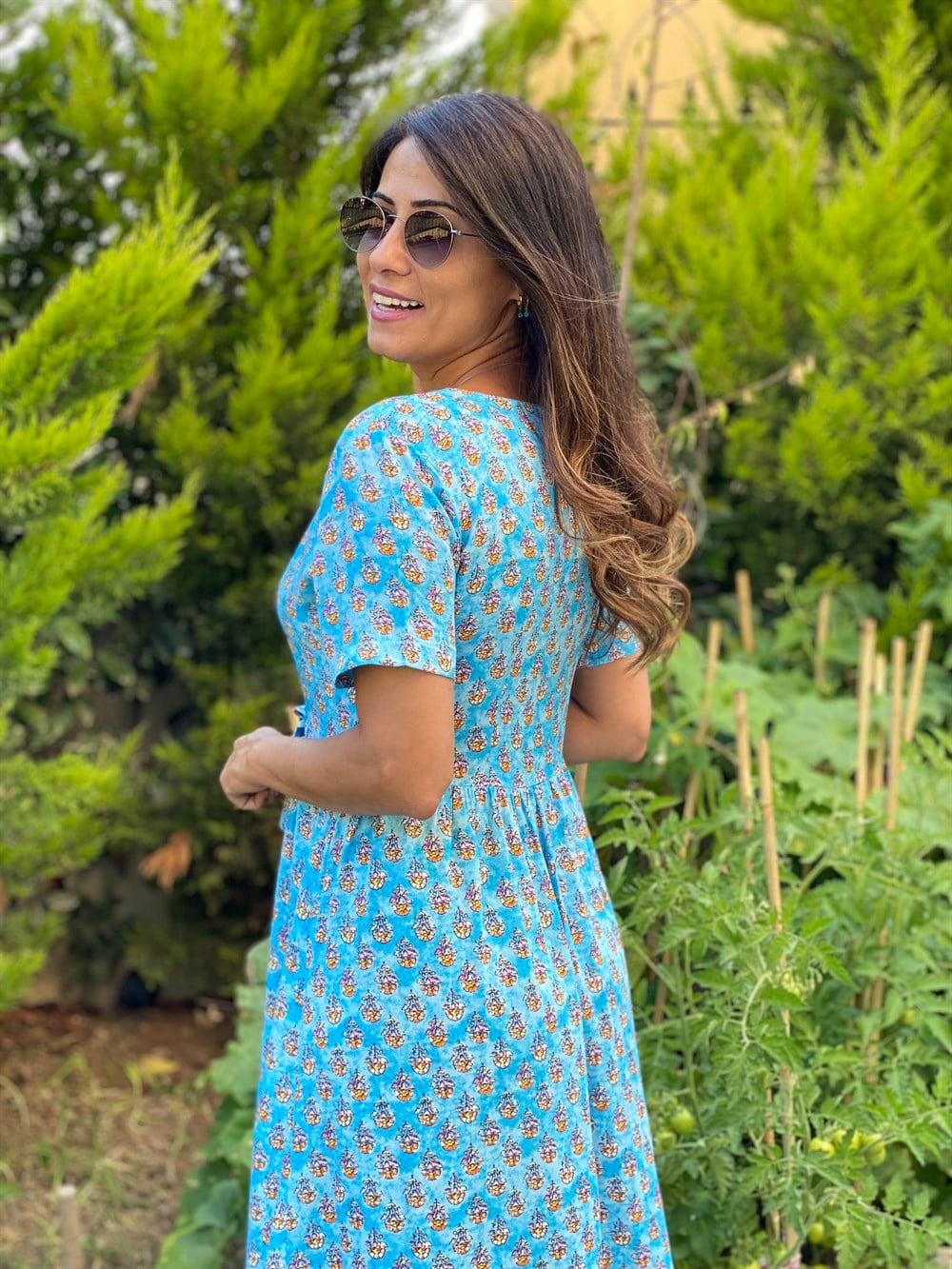 Mavi Çiçek Önü Düğmeli Kuşaklı  Kadın Elbise